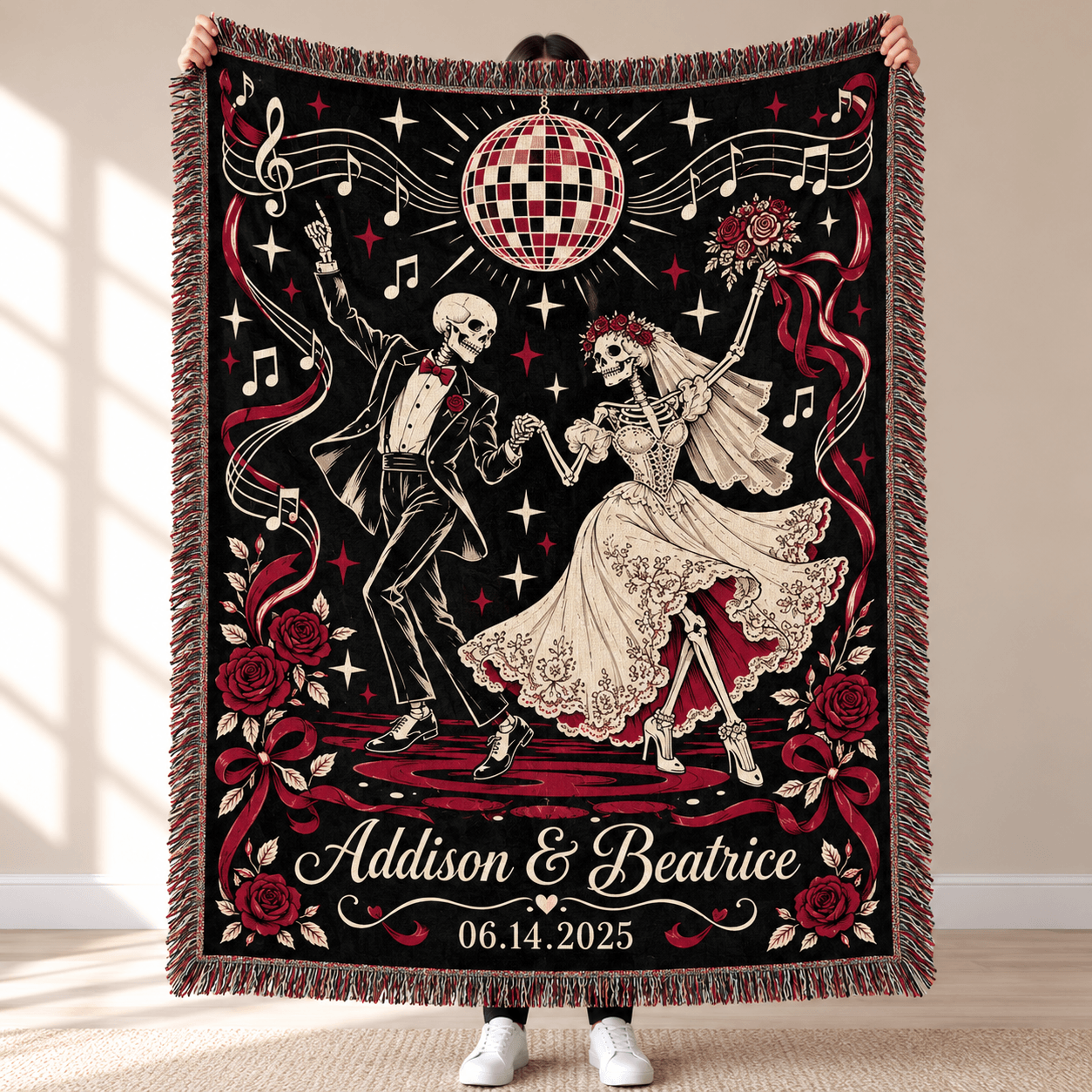 personalized skeleton wedding woven blanket, custom couple names and date, gothic disco bride groom throw, til death
