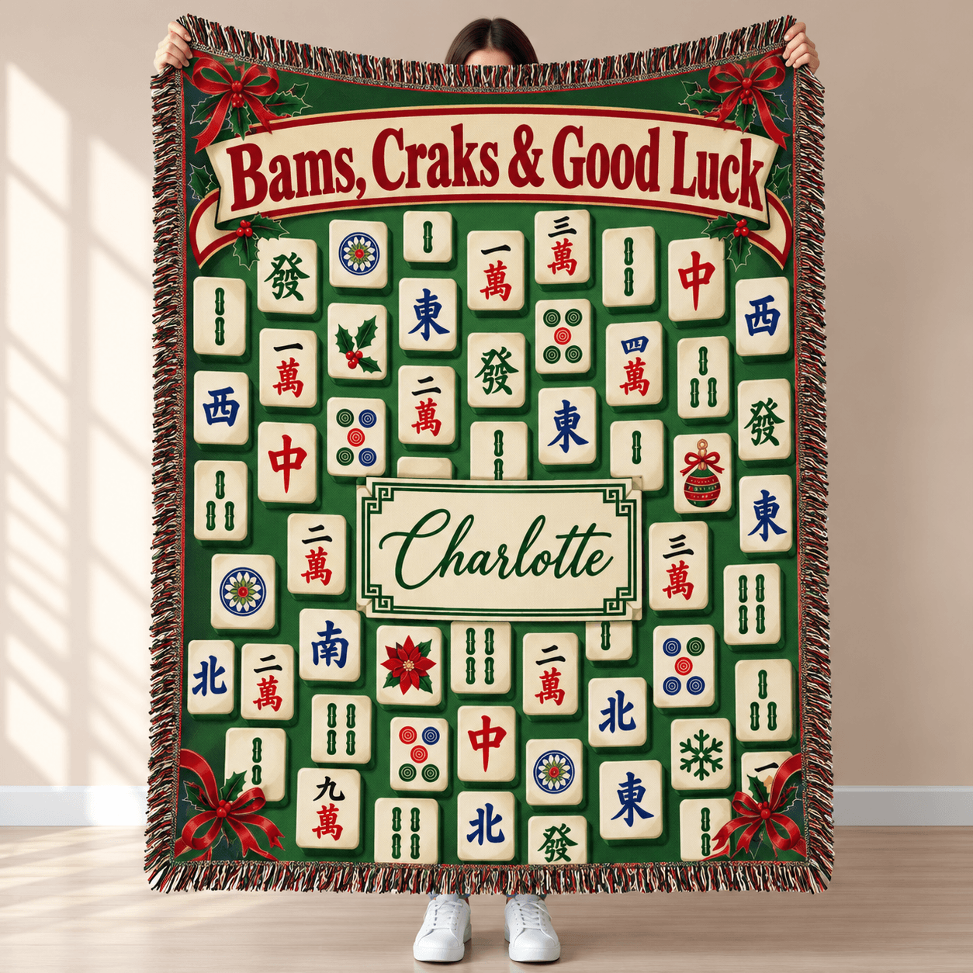 personalized mahjong woven blanket, custom name mahjong lover gift, bams craks and good luck throw, mahjong game night