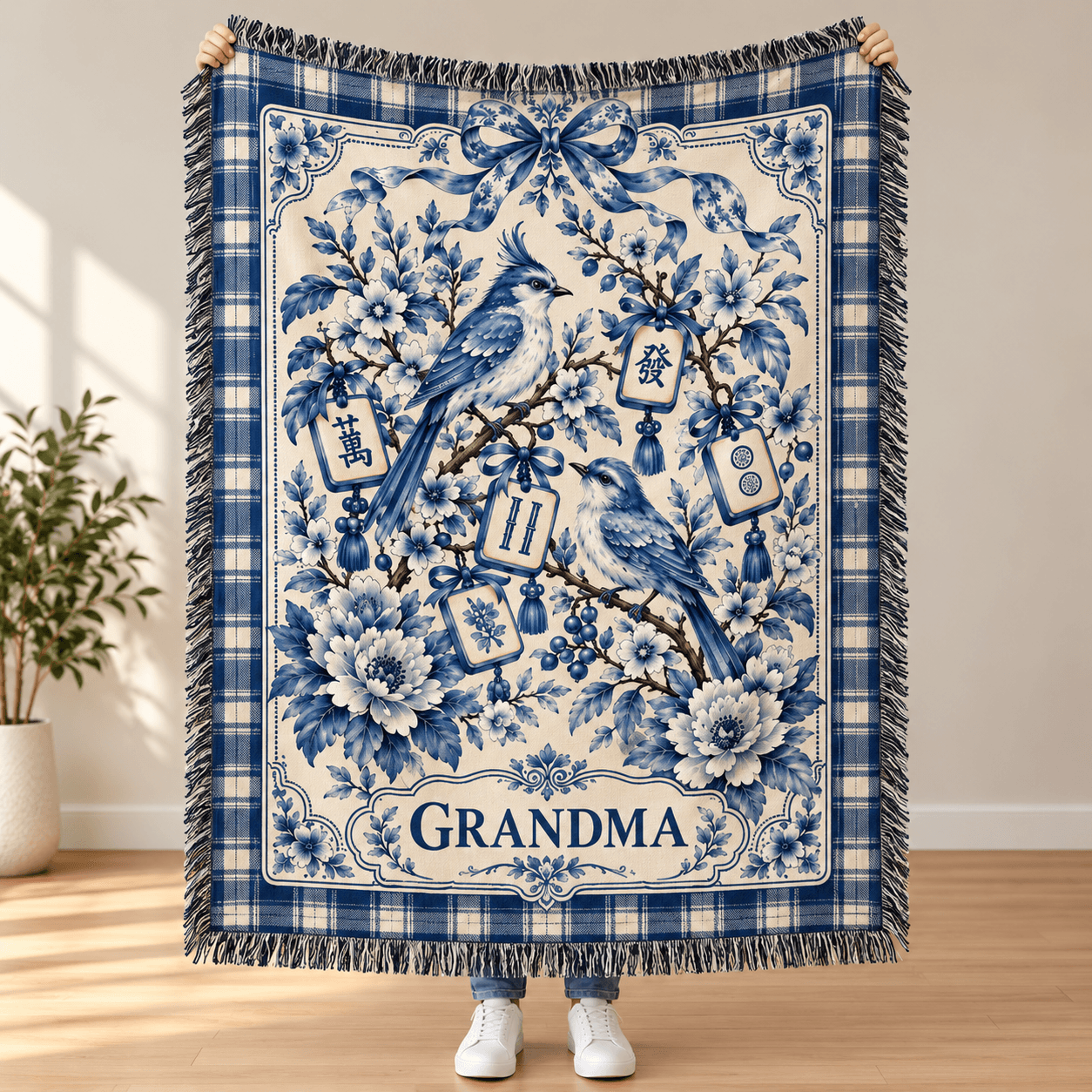 personalized grandma mahjong woven blanket, blue floral bird throw, custom grandma gift, vintage mahjong tile blanket
