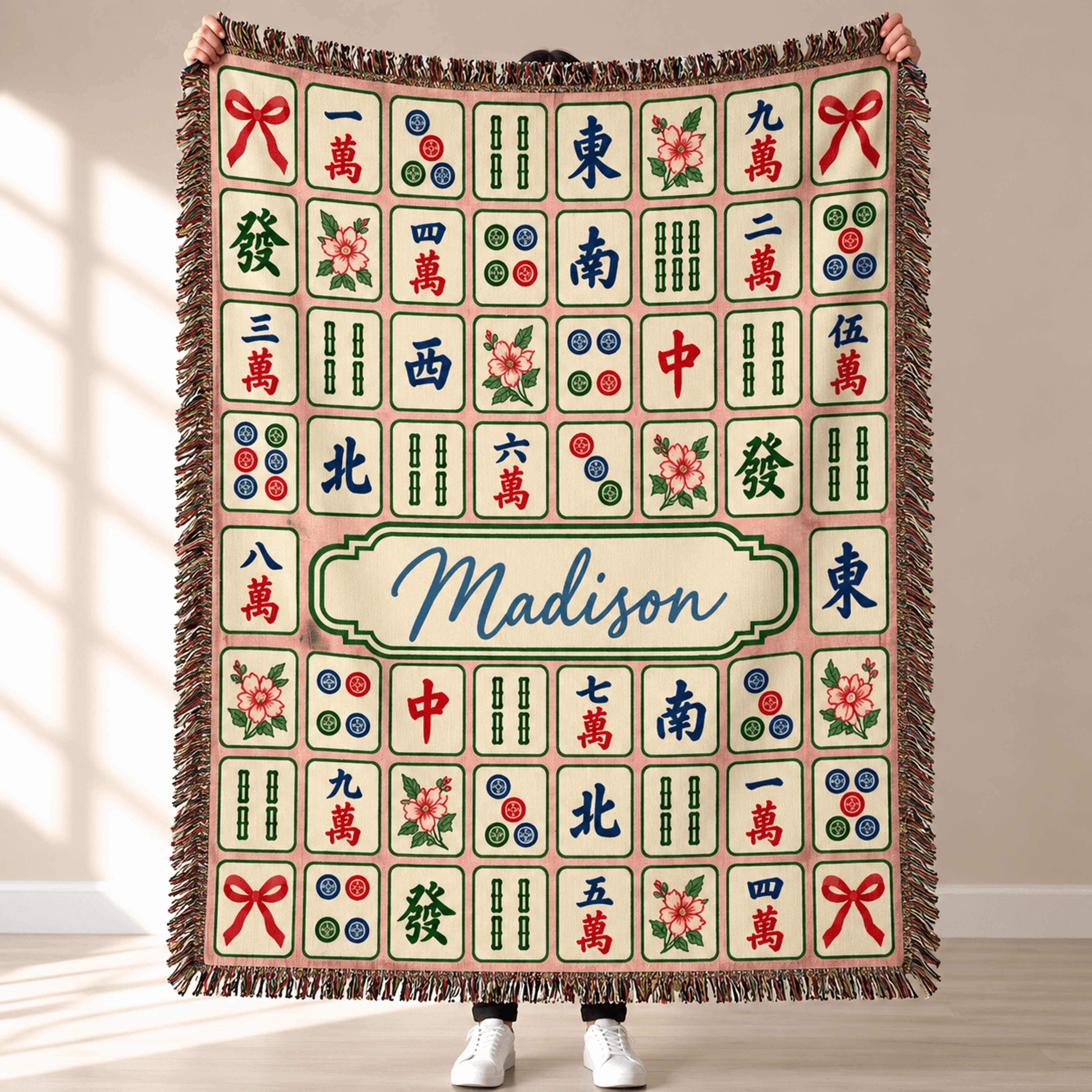 personalized mahjong woven blanket, custom name mahjong tile throw, vintage floral mahjong gift, mahjong lover game room