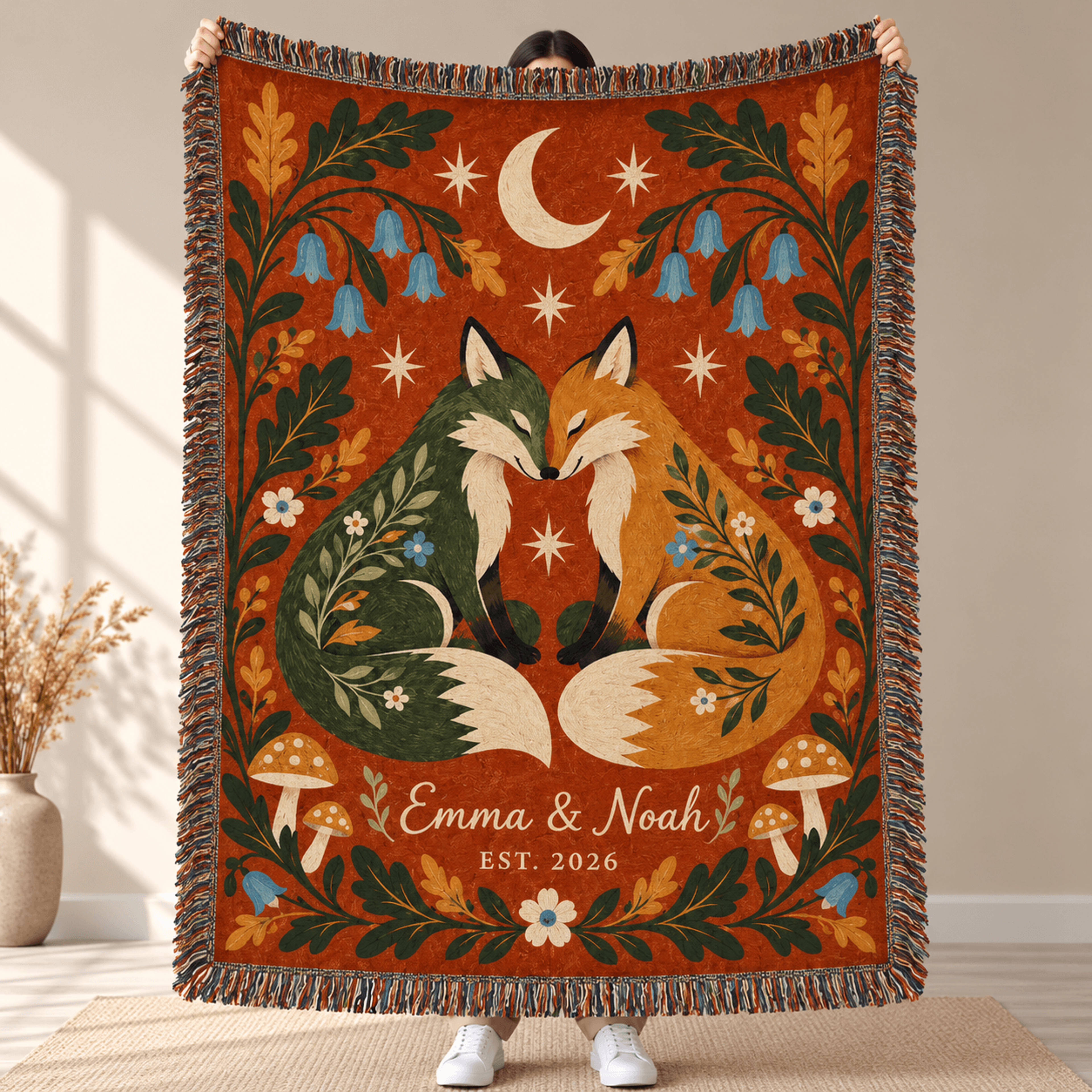 personalized fox couple woven blanket, custom names and year, romantic woodland fox throw, boho anniversary wedding gift