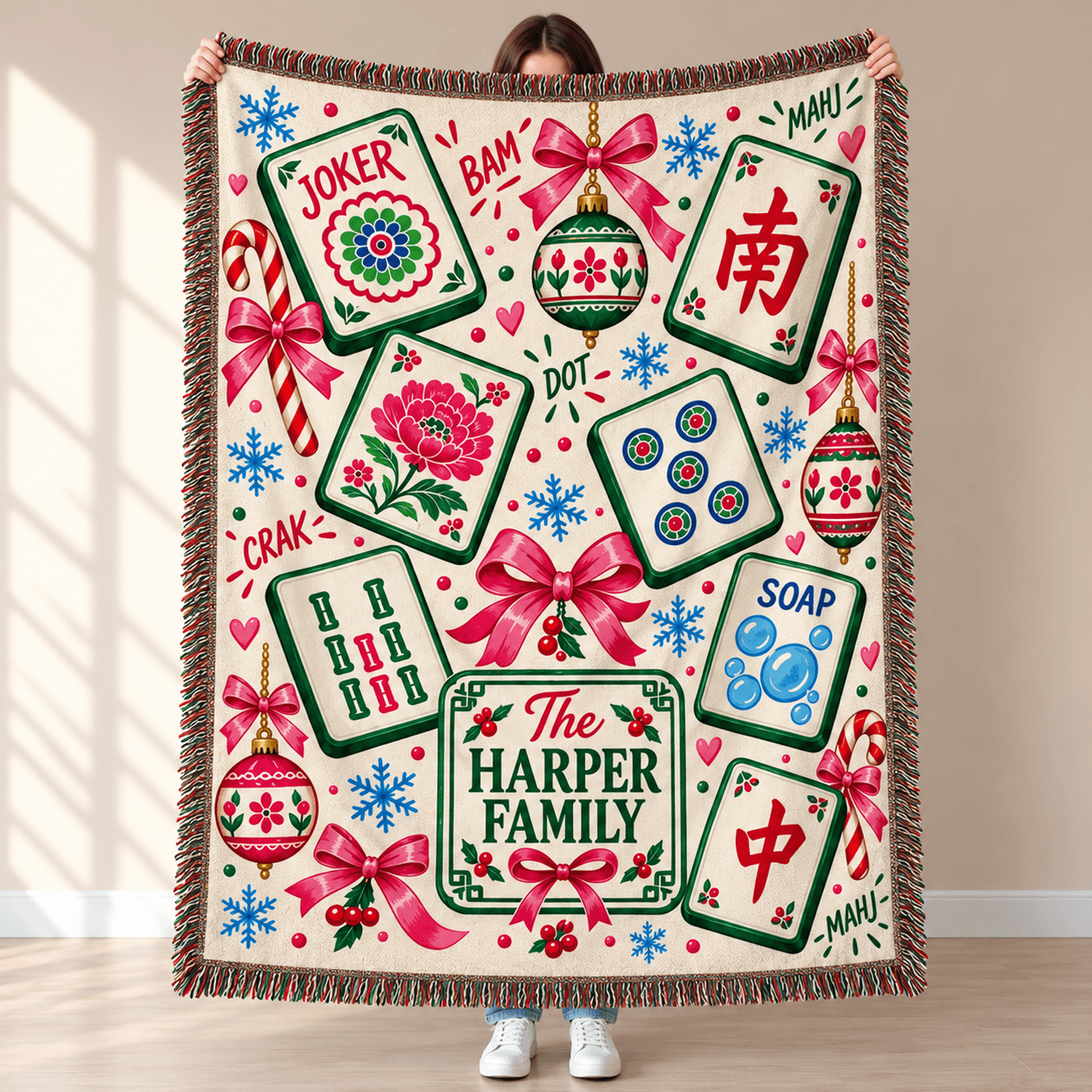 personalized christmas mahjong woven blanket, custom family name mahjong throw, festive mahjong tiles gift, holiday game