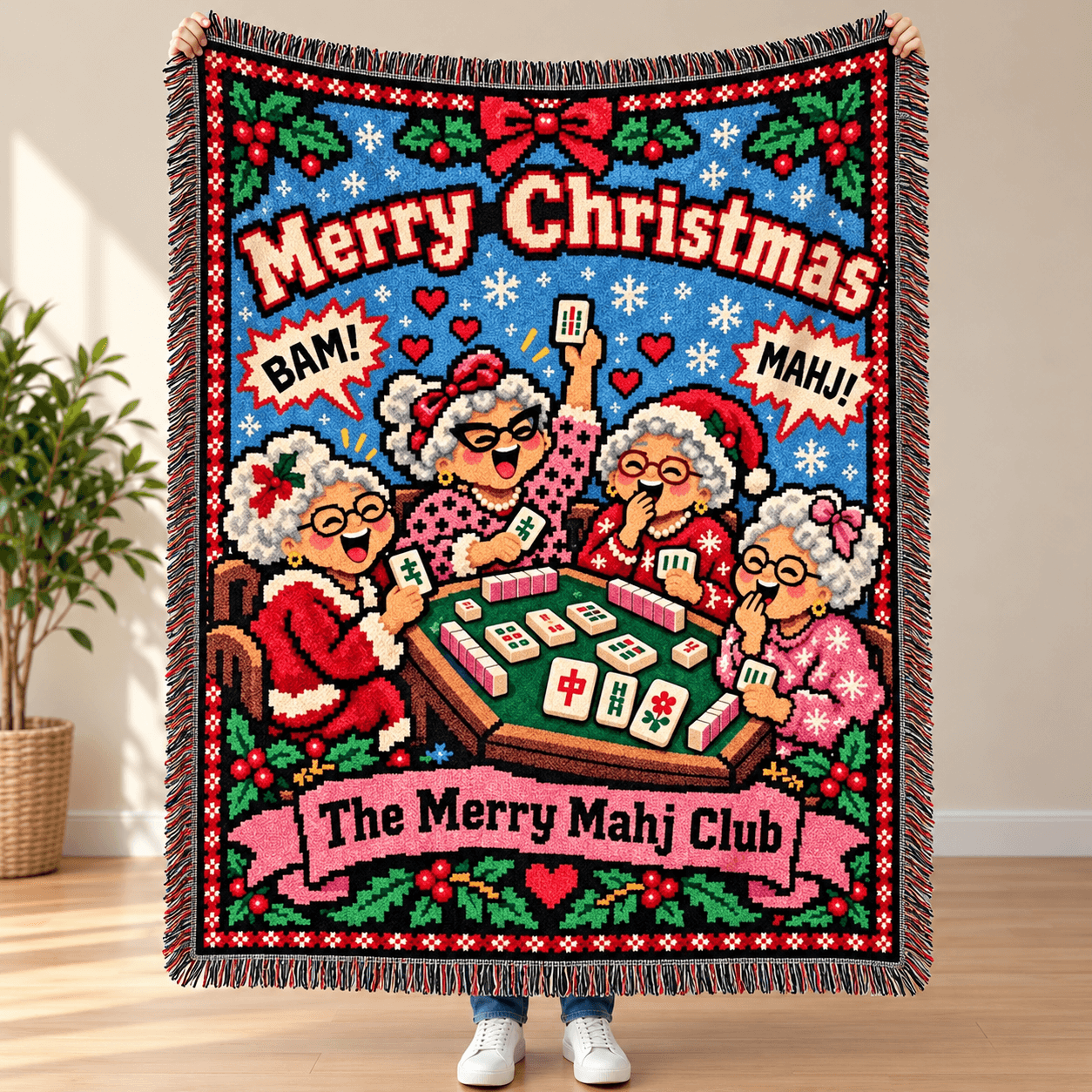 merry christmas mahjong woven blanket, funny mahjong grandma gift, festive mahj club throw, retro christmas game night