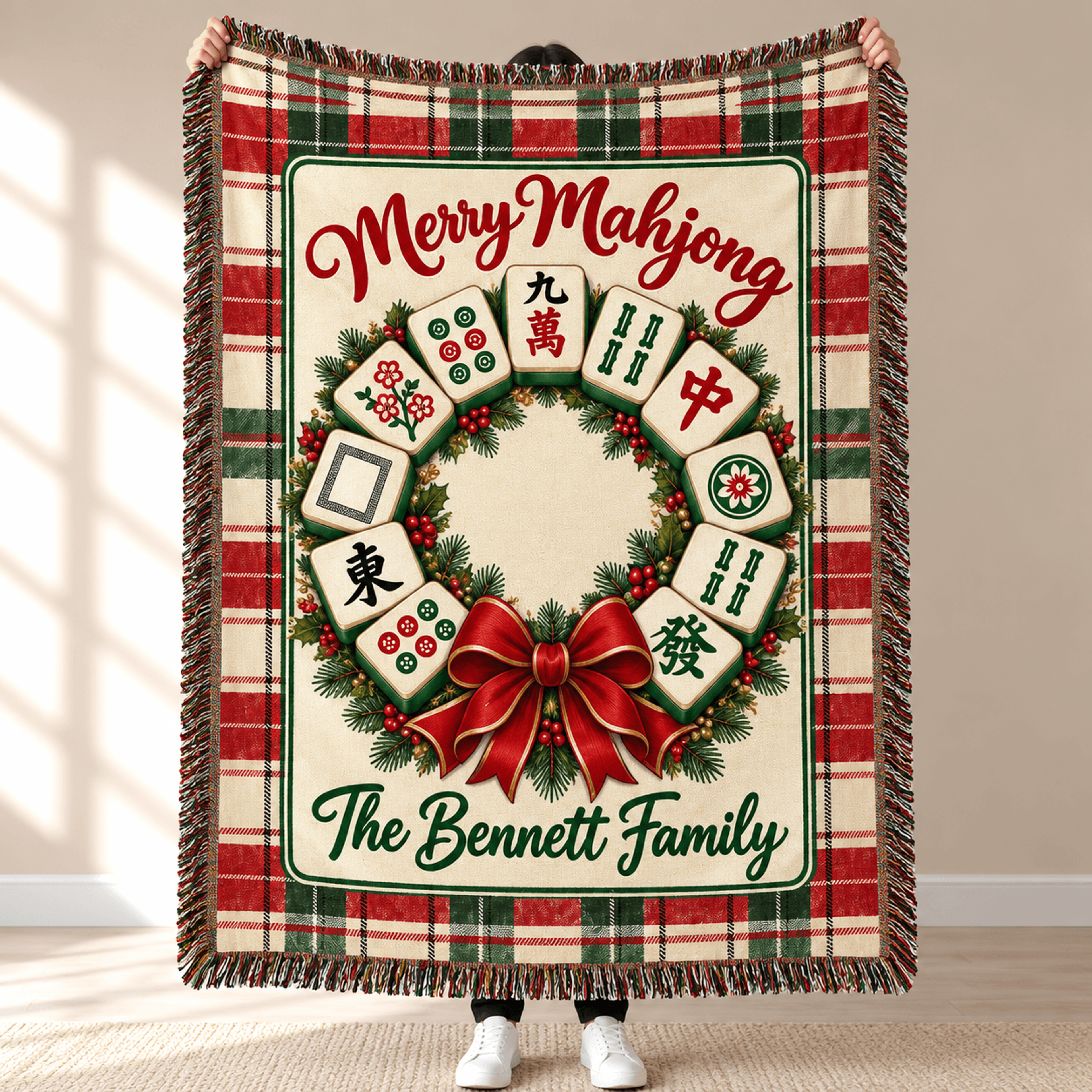 personalized merry mahjong christmas woven blanket, custom family name mahjong wreath throw, festive plaid holiday gift