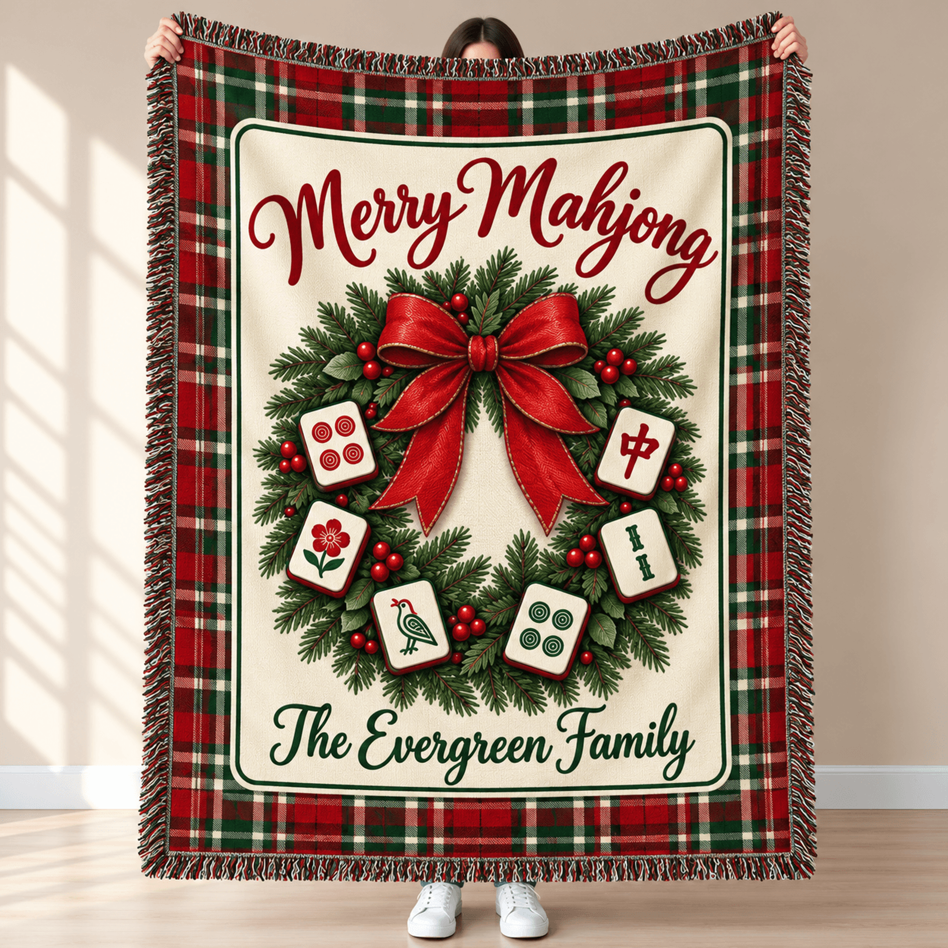 personalized merry mahjong christmas woven blanket, custom family name mahjong wreath throw, holiday gift for mahjong