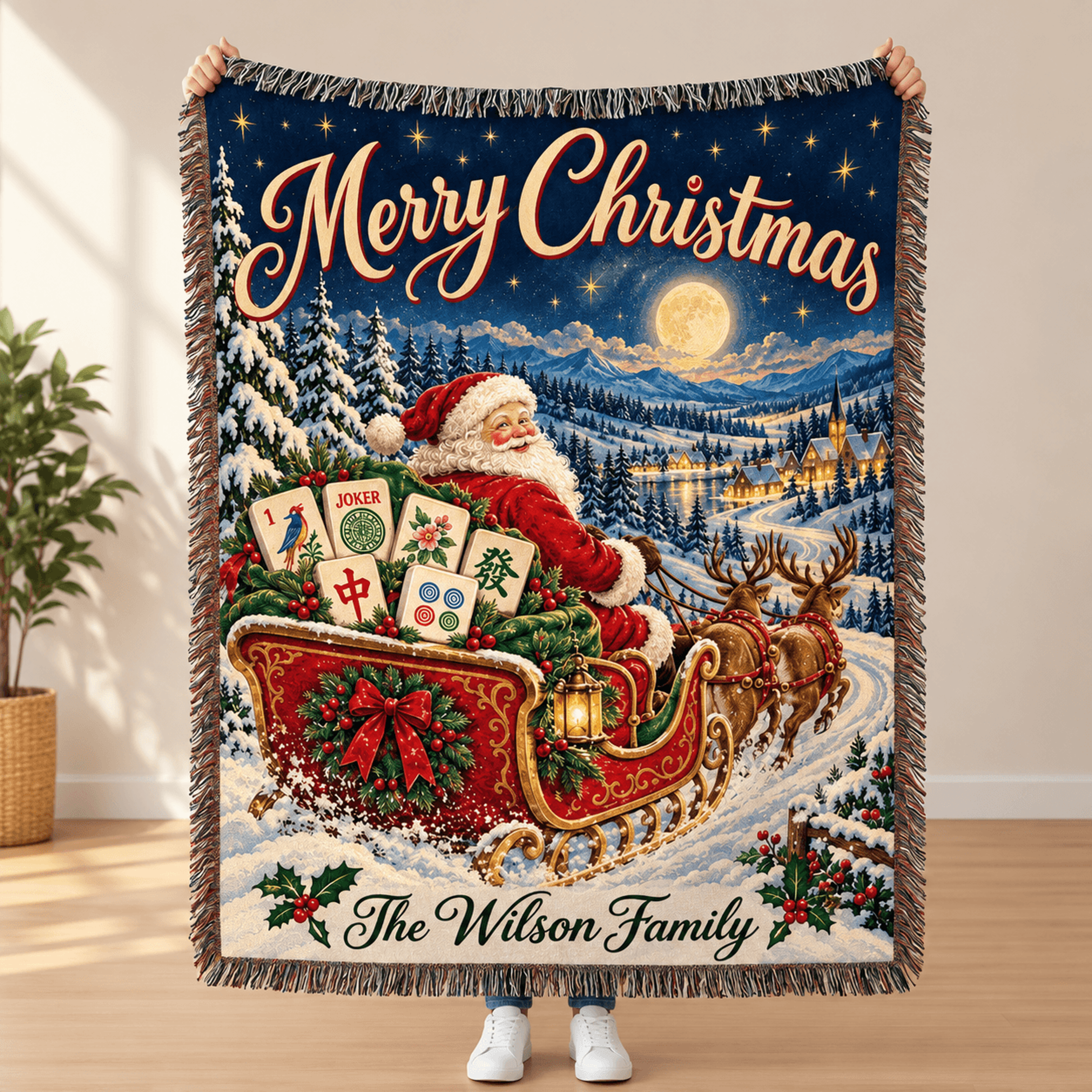 personalized santa mahjong christmas woven blanket, custom family name holiday throw, vintage santa sleigh mahjong lover