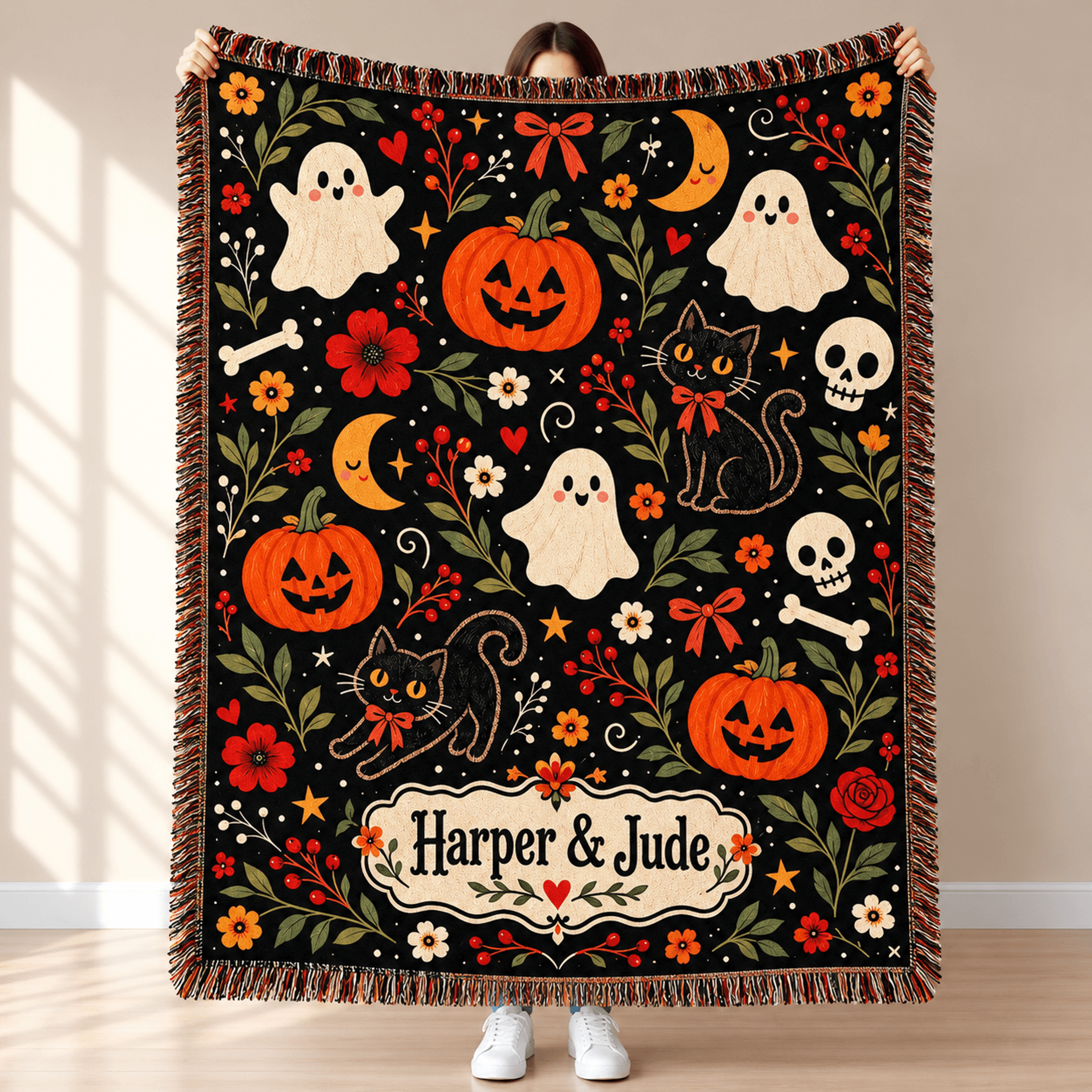personalized halloween woven blanket, custom couple names ghost pumpkin black cat throw, cute spooky fall halloween gift