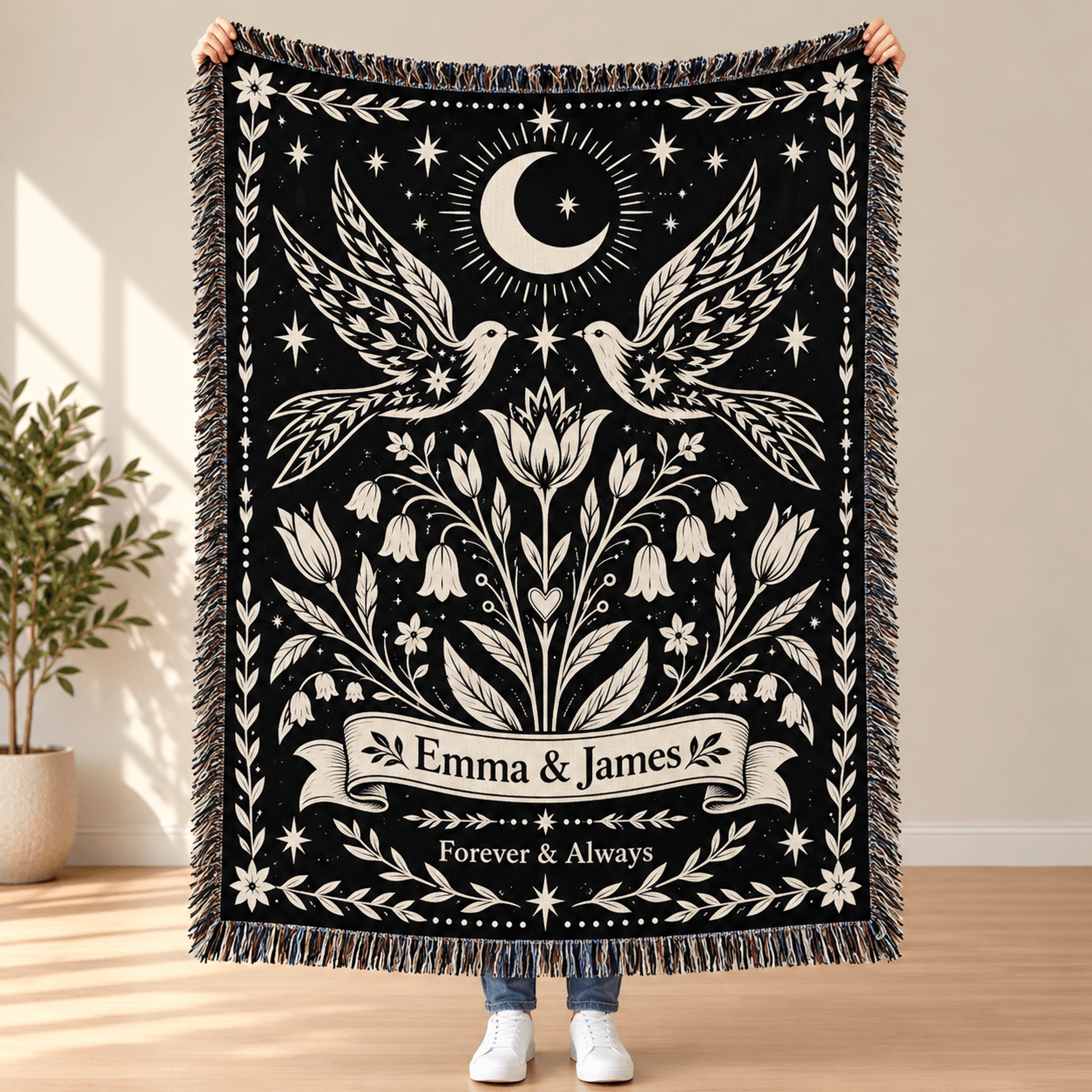 personalized celestial love birds woven blanket, custom couple names moon and stars floral throw, romantic anniversary