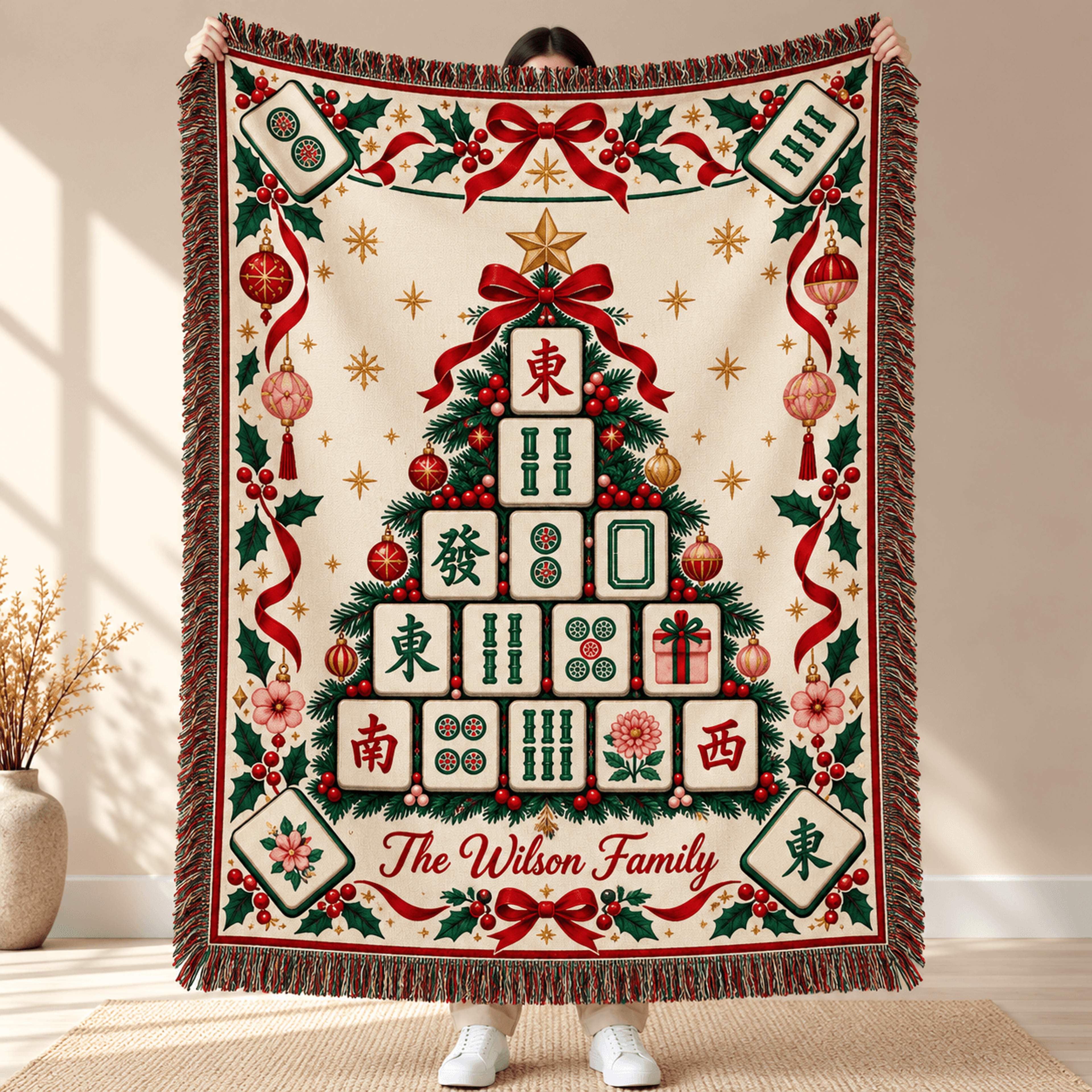 personalized christmas mahjong woven blanket, custom family name mahjong tile tree throw, festive holiday gift for