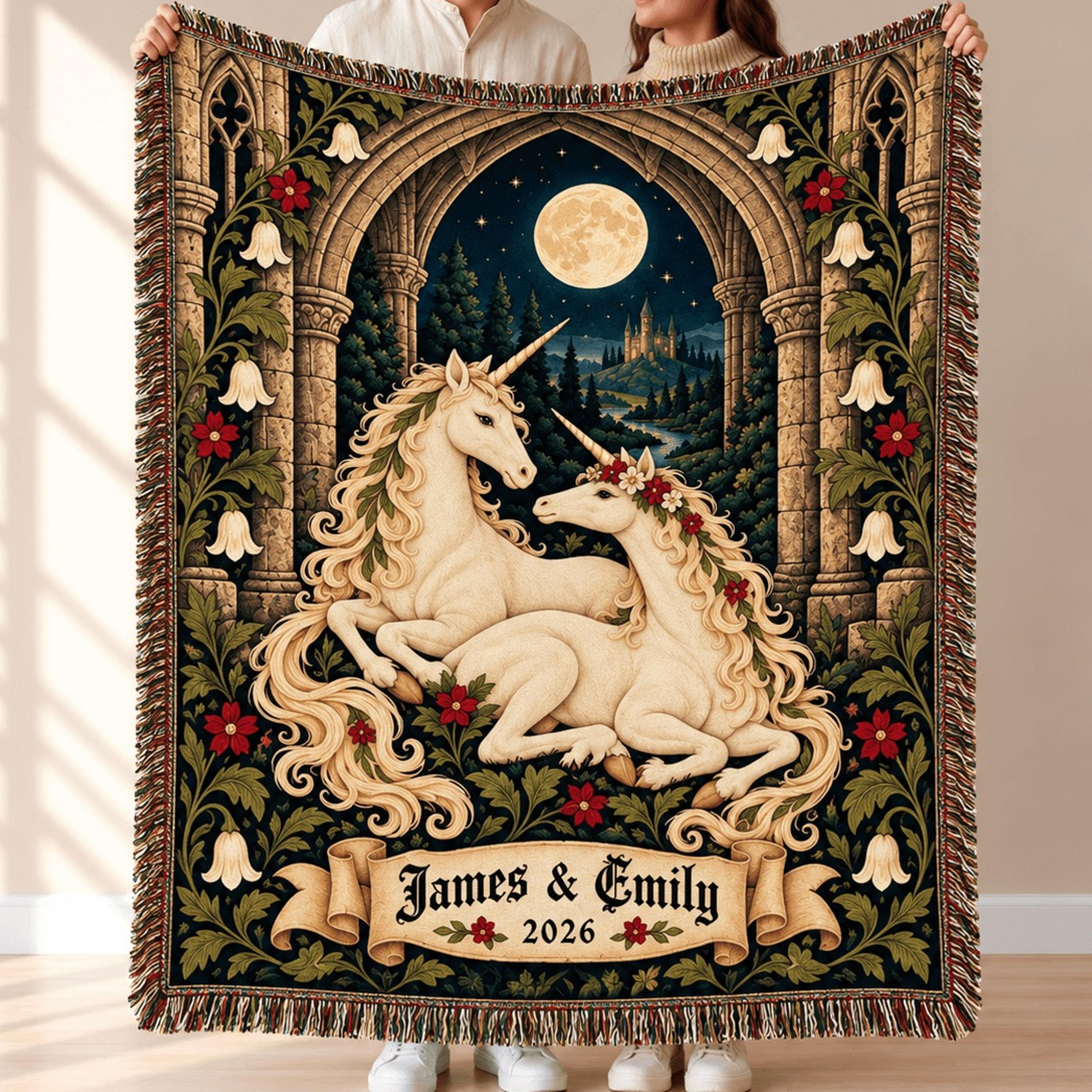 personalized unicorn couple woven blanket, custom names and year fantasy romance throw, gothic medieval wedding