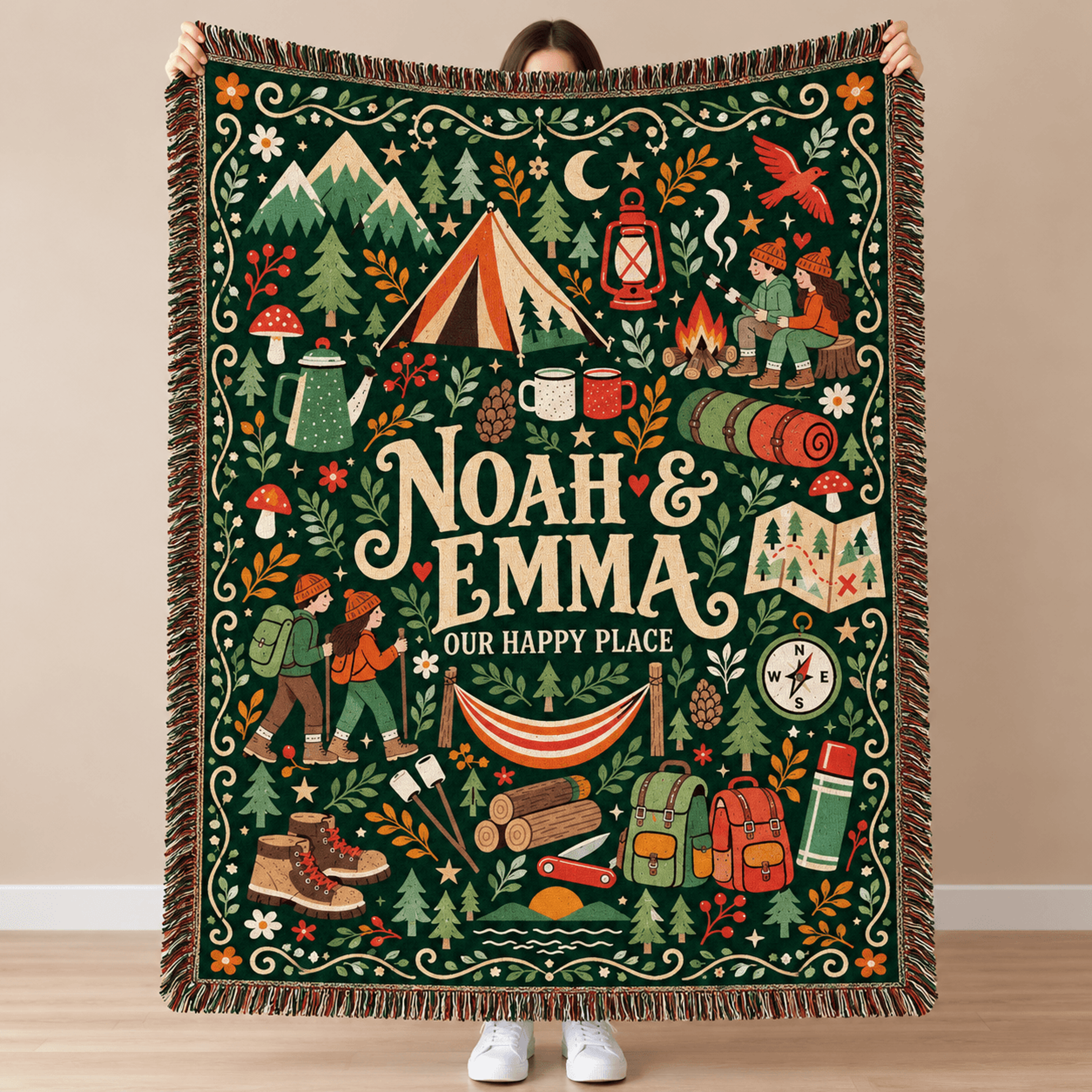 personalized camping couple woven blanket, custom names outdoor adventure throw, mountain hiking anniversary gift, cozy