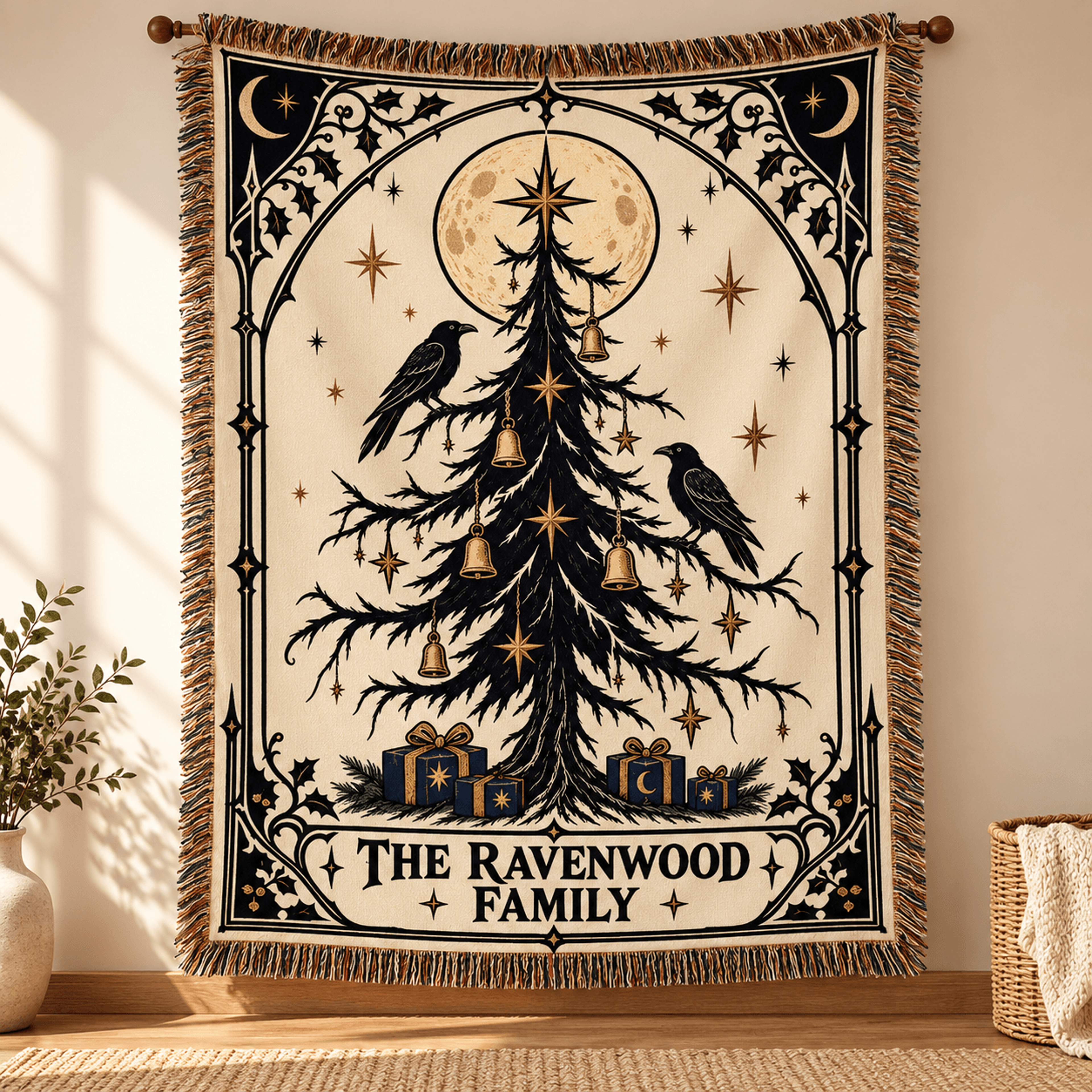 personalized gothic christmas woven blanket, custom family name raven tree throw, dark holiday decor, witchy christmas