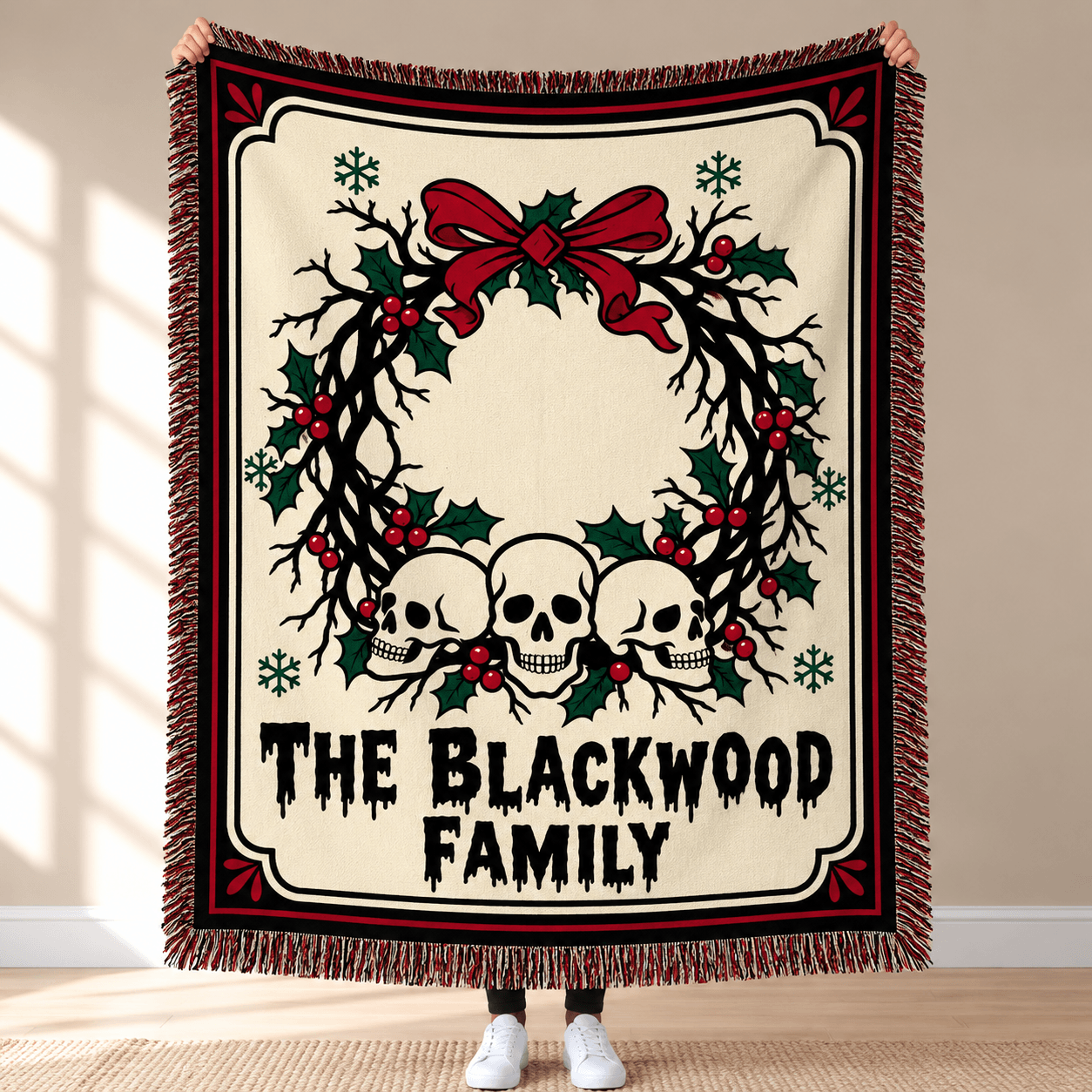 personalized gothic christmas woven blanket, custom family name skull wreath throw, spooky holiday decor, alternative