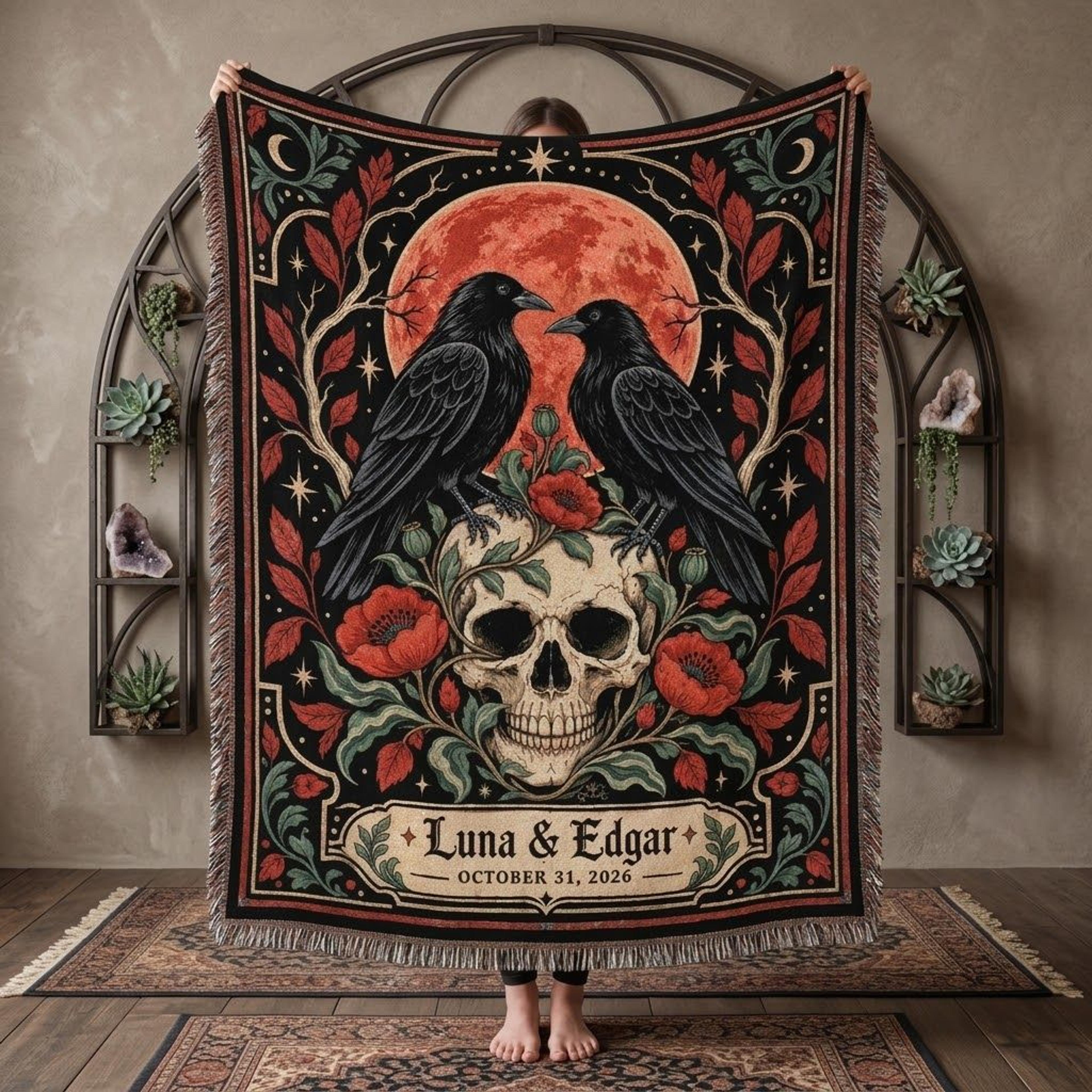 personalized gothic raven woven blanket, custom couple names skull moon throw, dark romantic halloween gift, gothic
