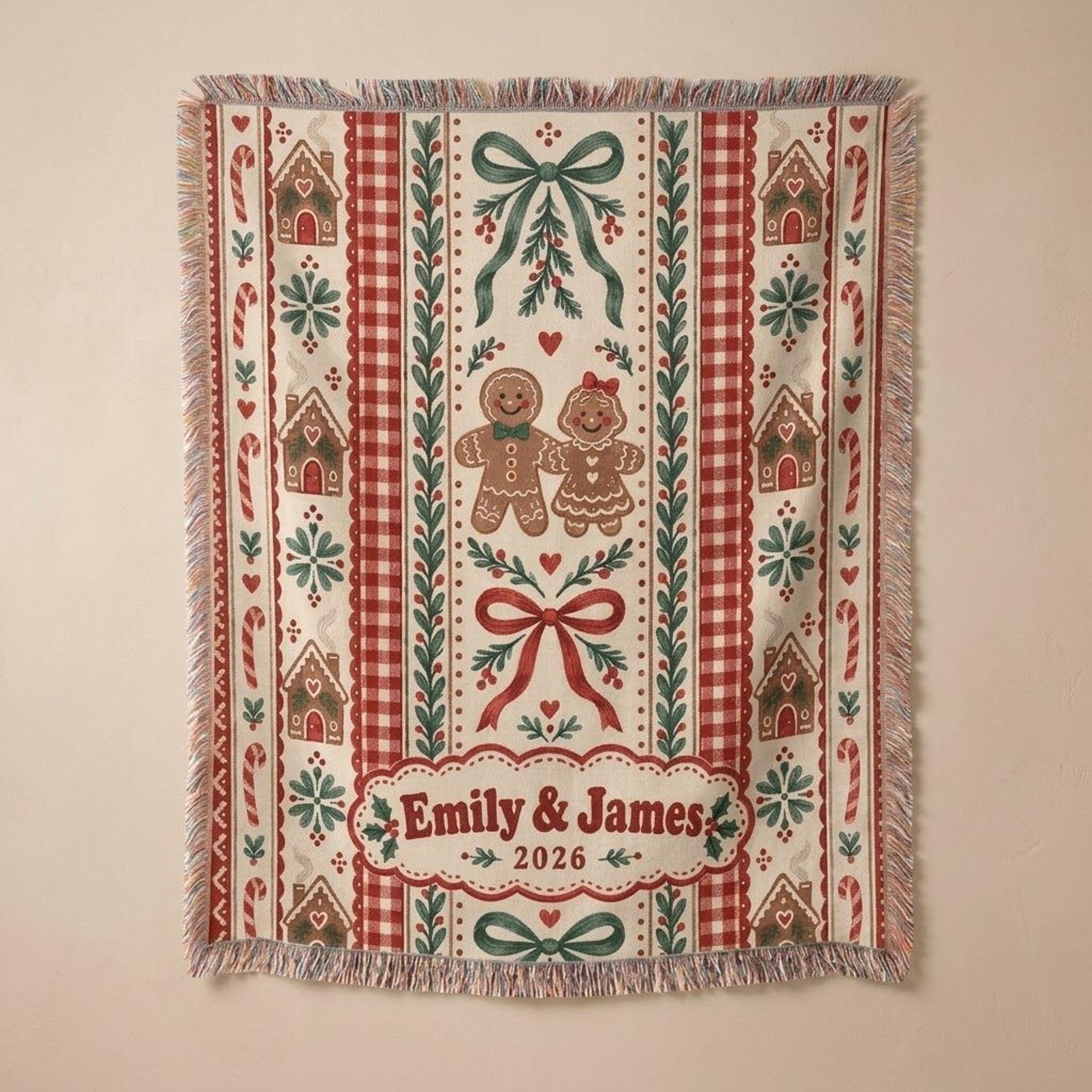 personalized gingerbread christmas woven blanket, custom couple names holiday throw, cozy cottagecore christmas gift