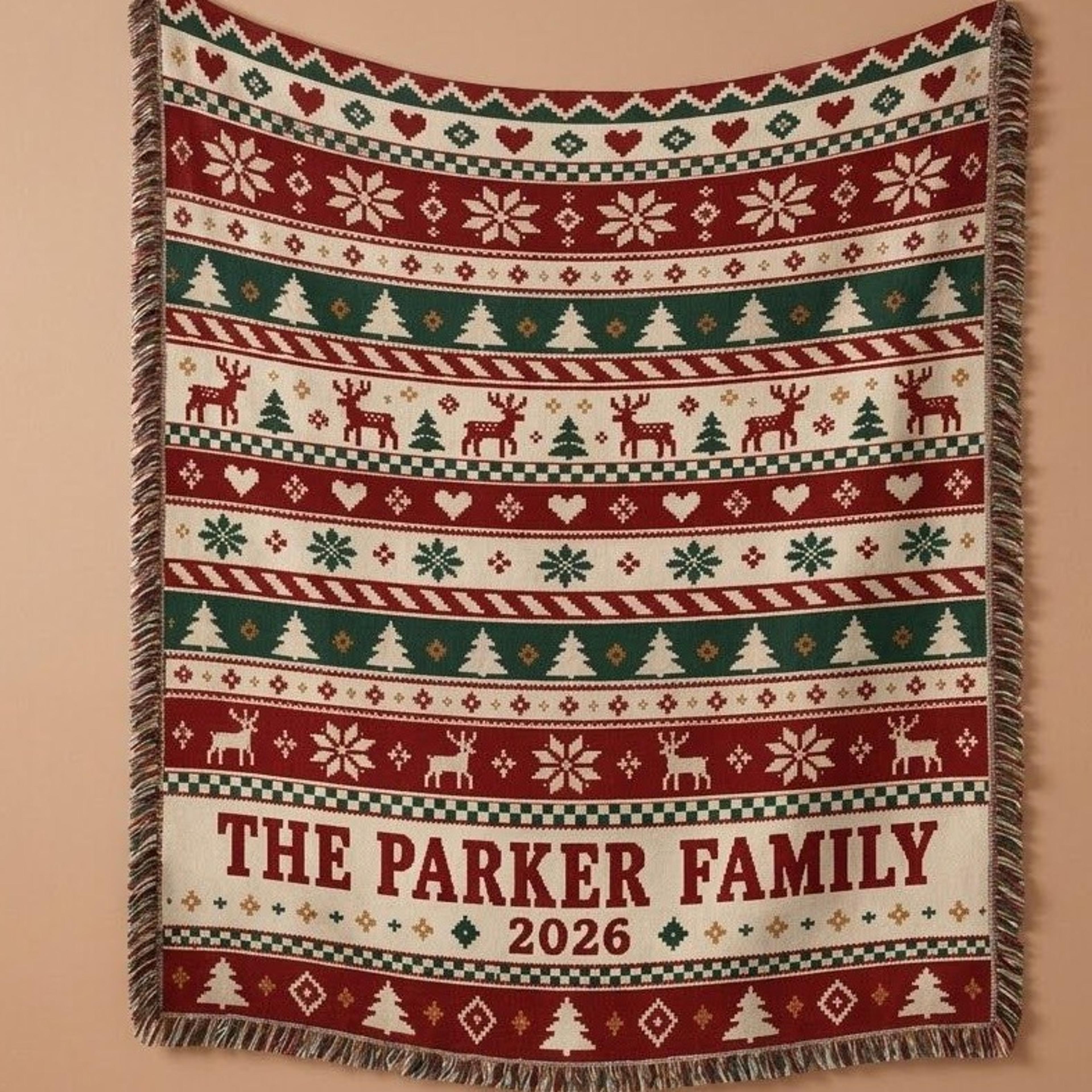 personalized christmas woven blanket, custom family name holiday throw, nordic reindeer fair isle blanket, cozy xmas