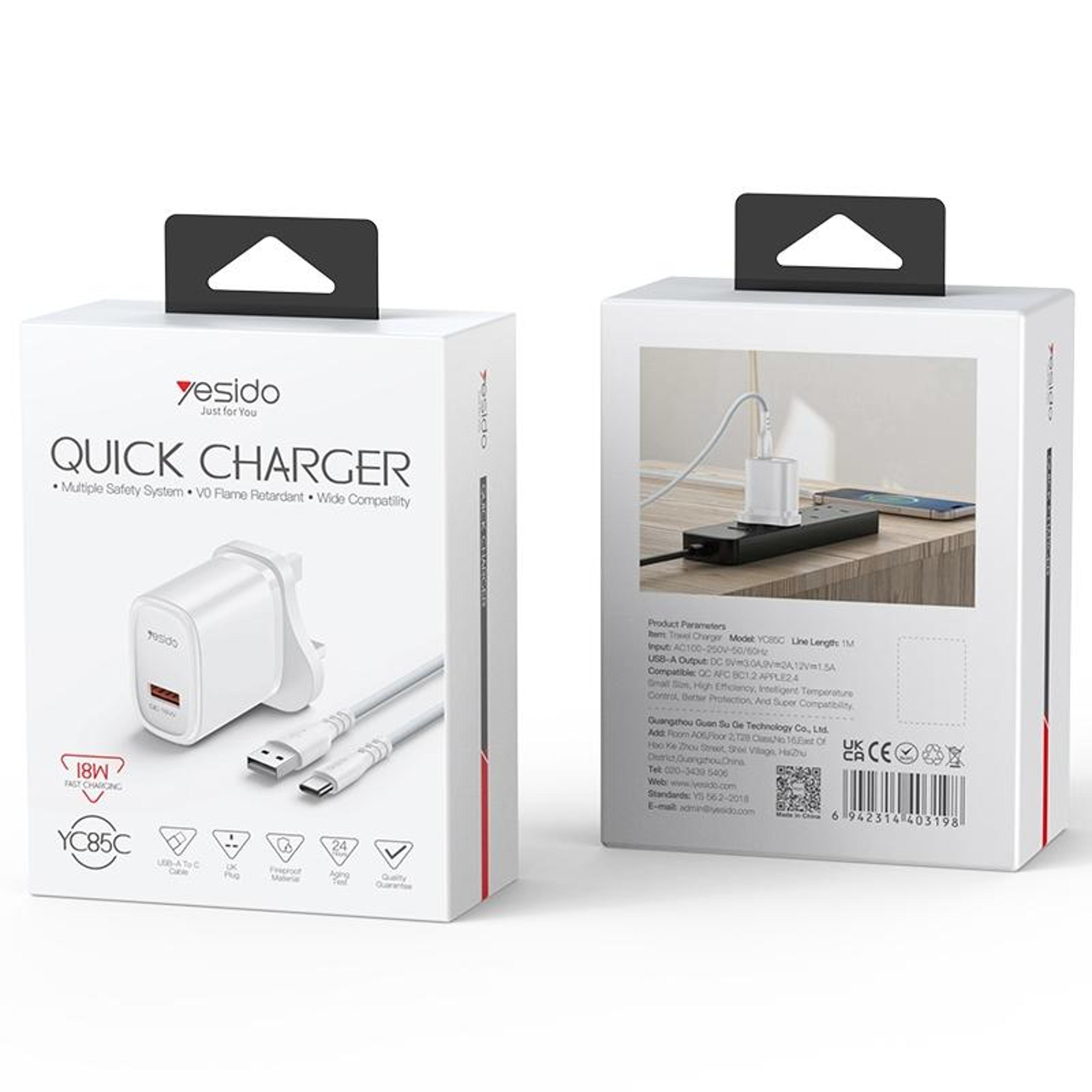 Yesido YC85C 18W Fast Charger With USB C Charger Cable  Fast Charging Adapter 2