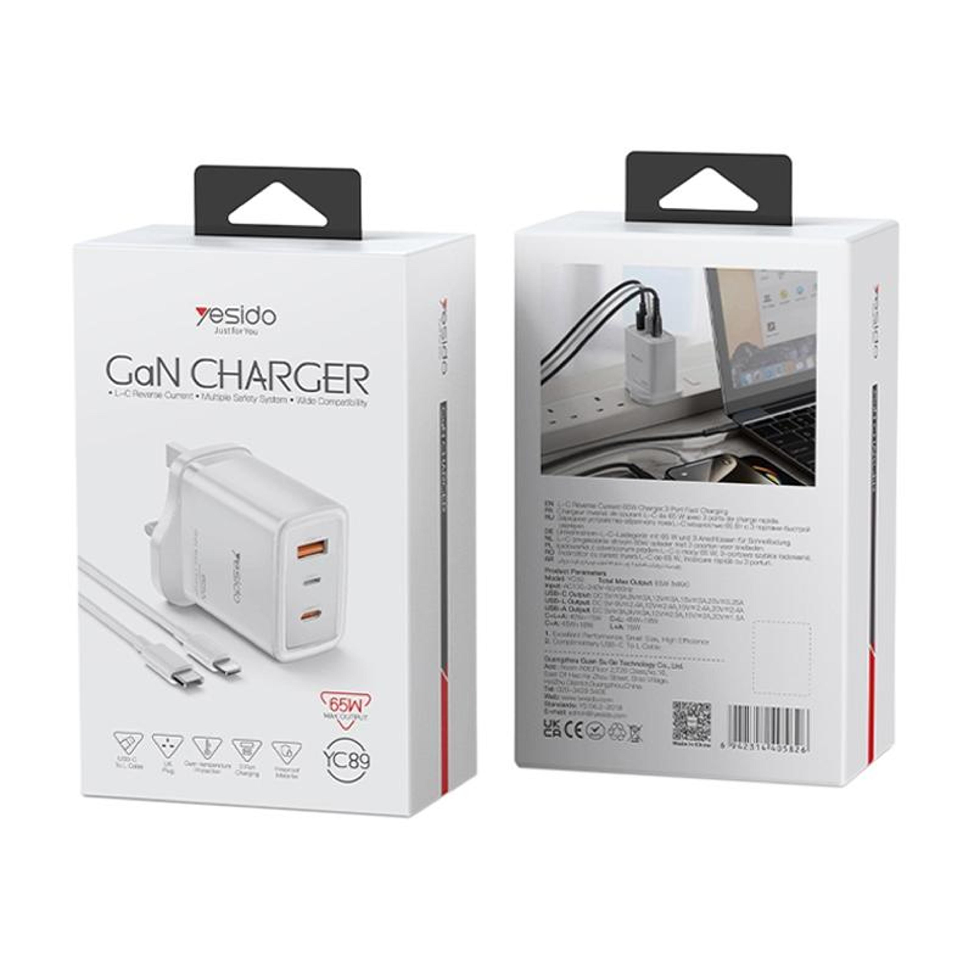 Yesido YC89 65W GaN Charger USB C Fast Charger With USB And 8 Pin Cable 5