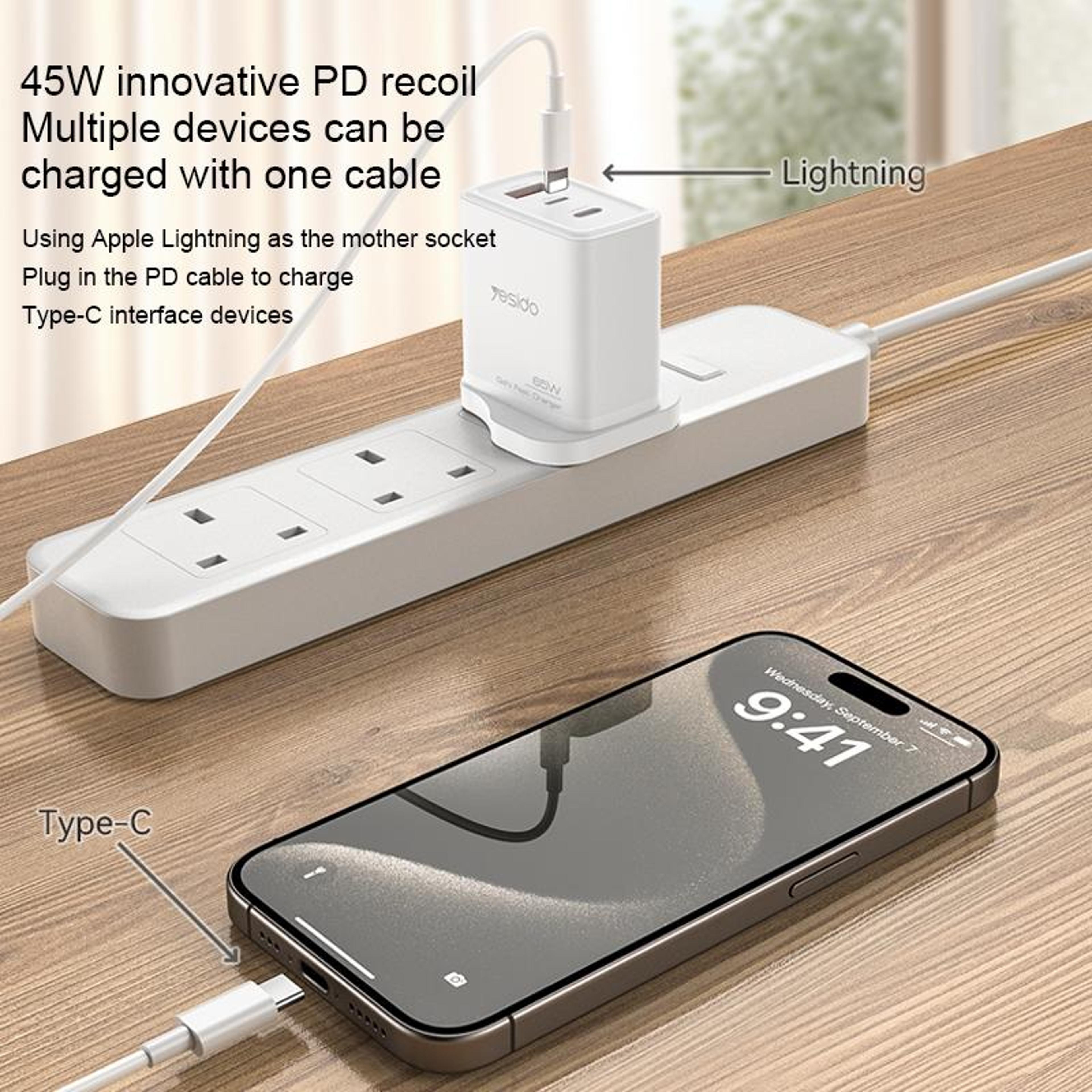 Yesido YC89 65W GaN Charger USB C Fast Charger With USB And 8 Pin Cable 7