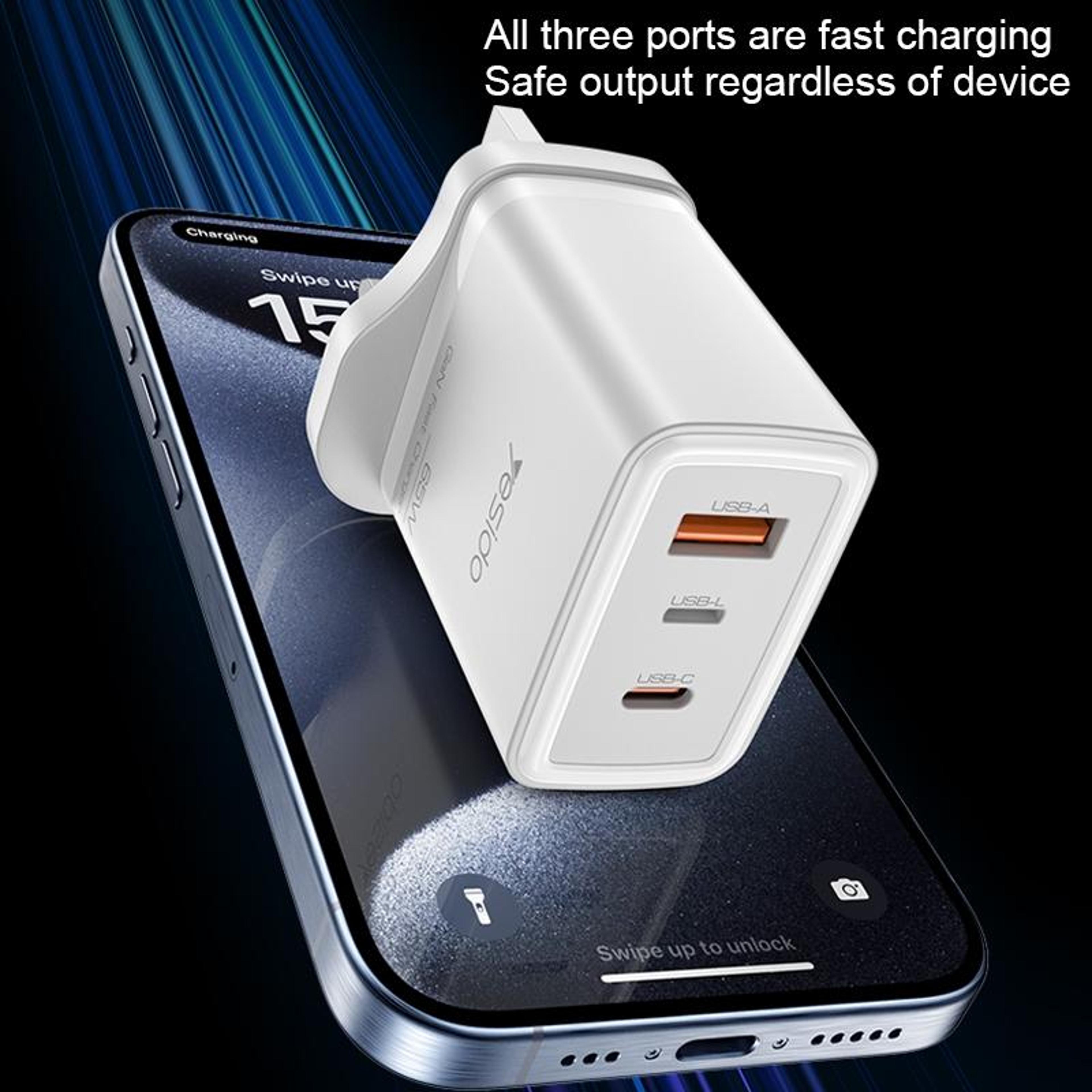 Yesido YC89 65W GaN Charger USB C Fast Charger With USB And 8 Pin Cable 8