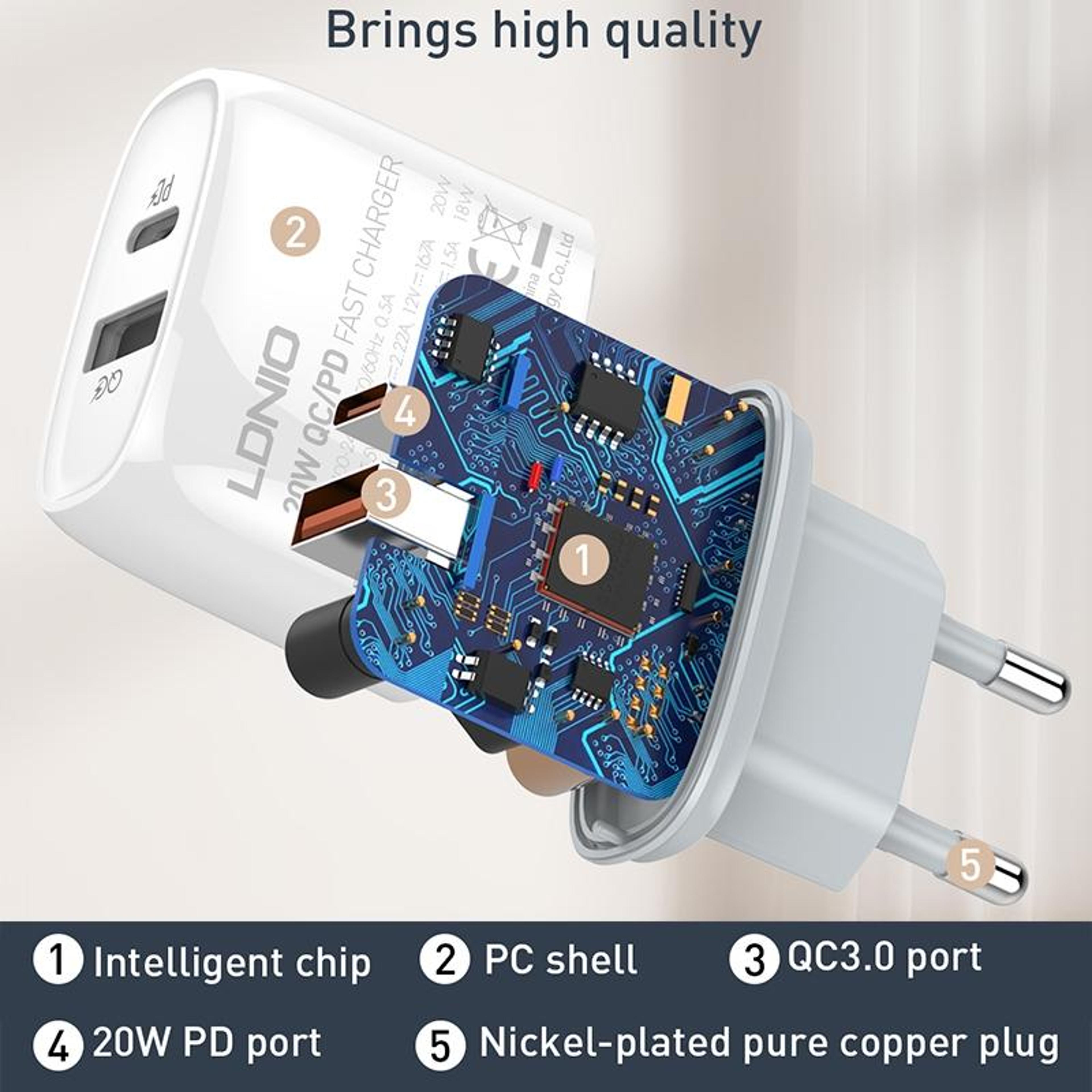 LDNIO Q229 20W USB C Fast Charger Dual Port PD QC30 Wall Charger With Micro USB Cable 10