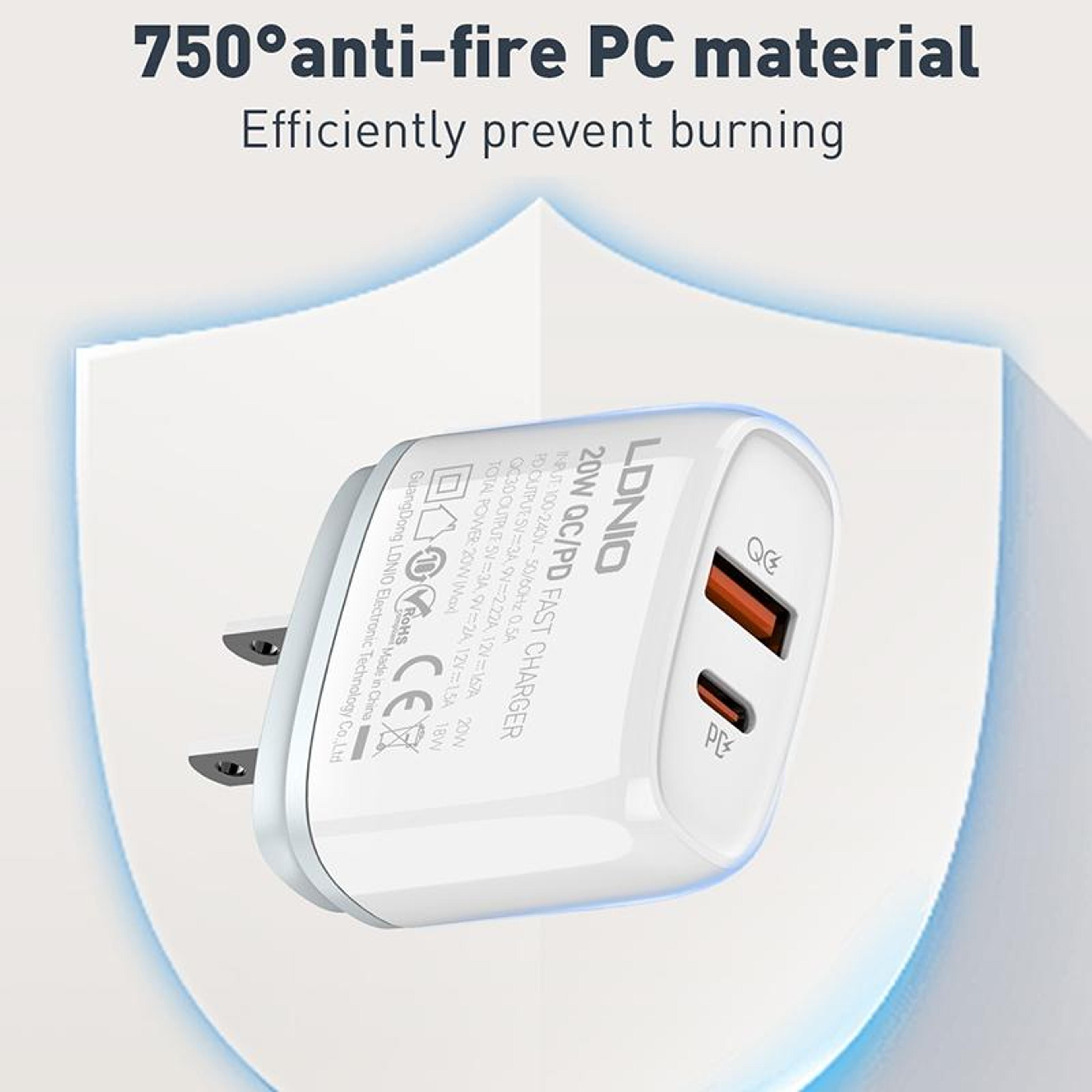 LDNIO Q229 20W USB C Fast Charger Dual Port PD QC30 Wall Charger With Micro USB Cable 12