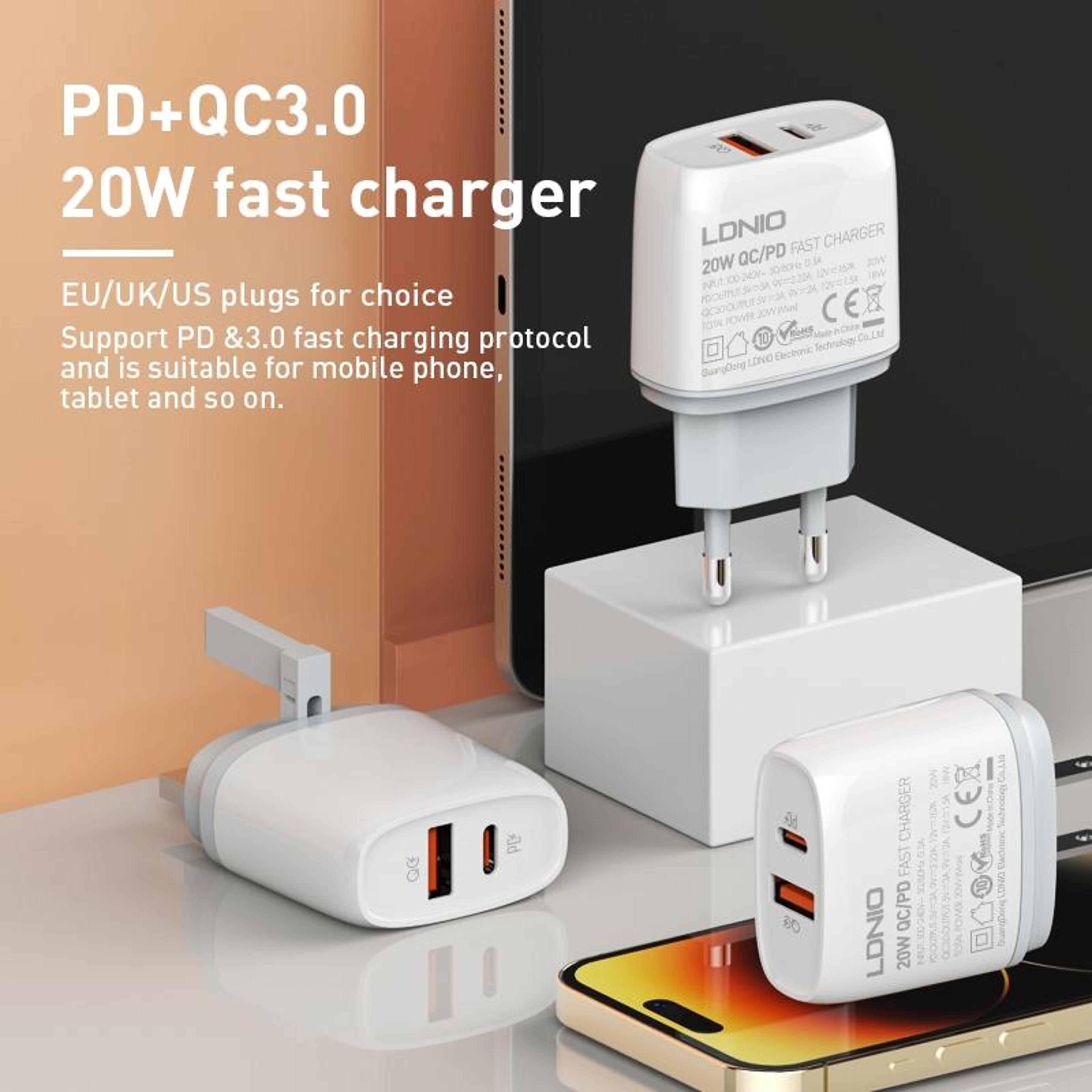 LDNIO Q229 20W USB C Fast Charger Dual Port PD QC30 Wall Charger With Micro USB Cable 3