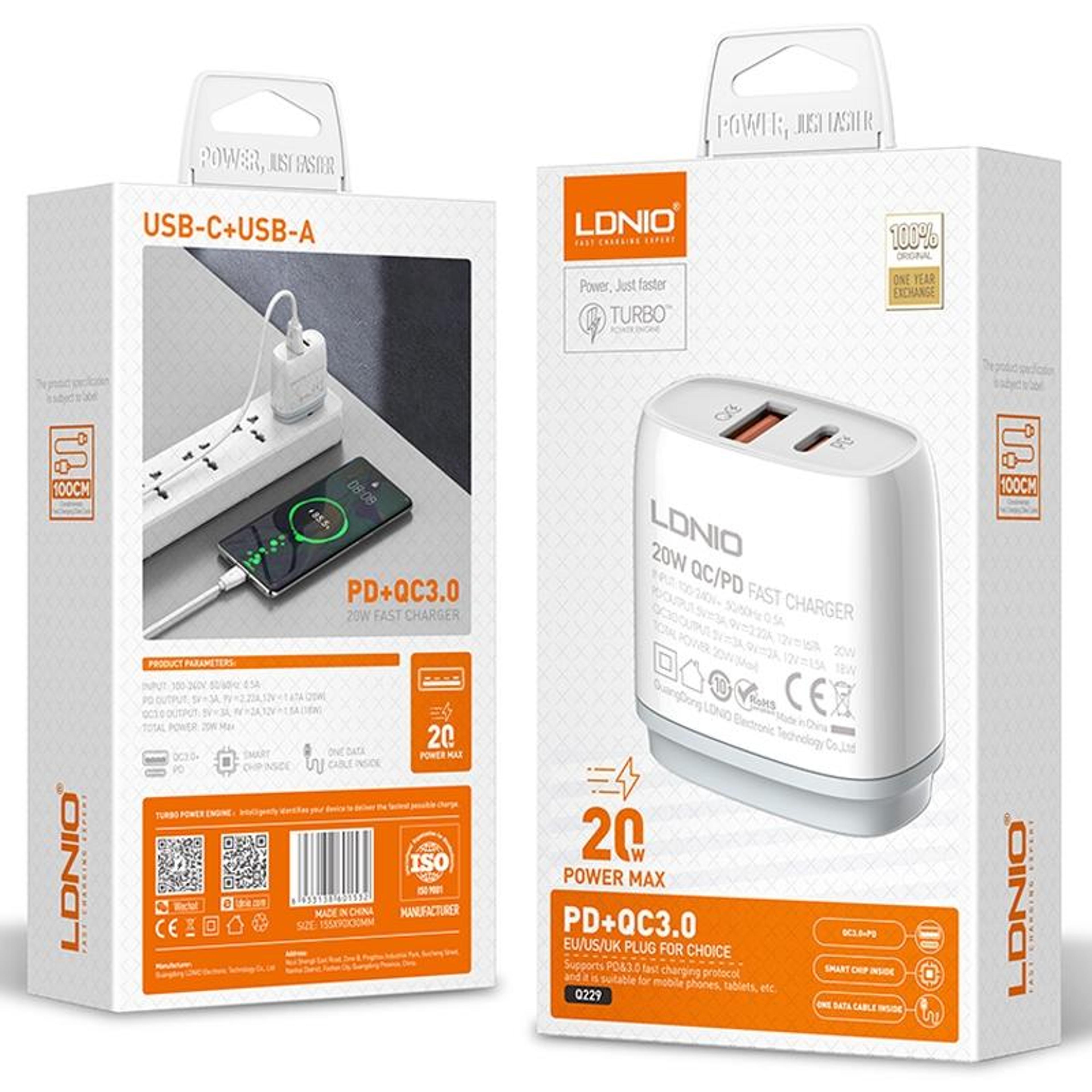 LDNIO Q229 20W USB C Fast Charger Dual Port PD QC30 Wall Charger With Micro USB Cable 6