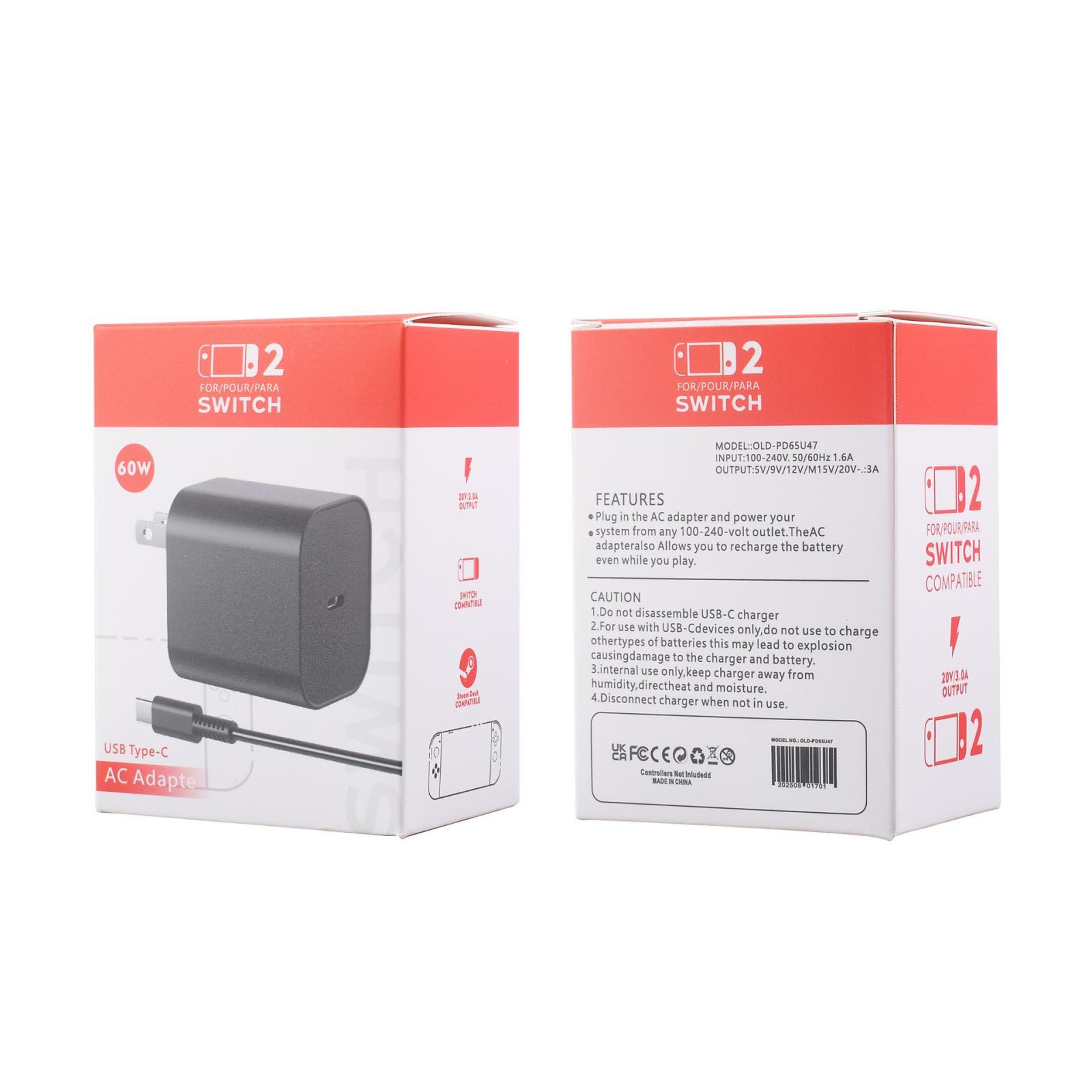 Nintendo Switch 2 Charger 60W USB C Fast Charging Power Adapter With USB C Cable 6