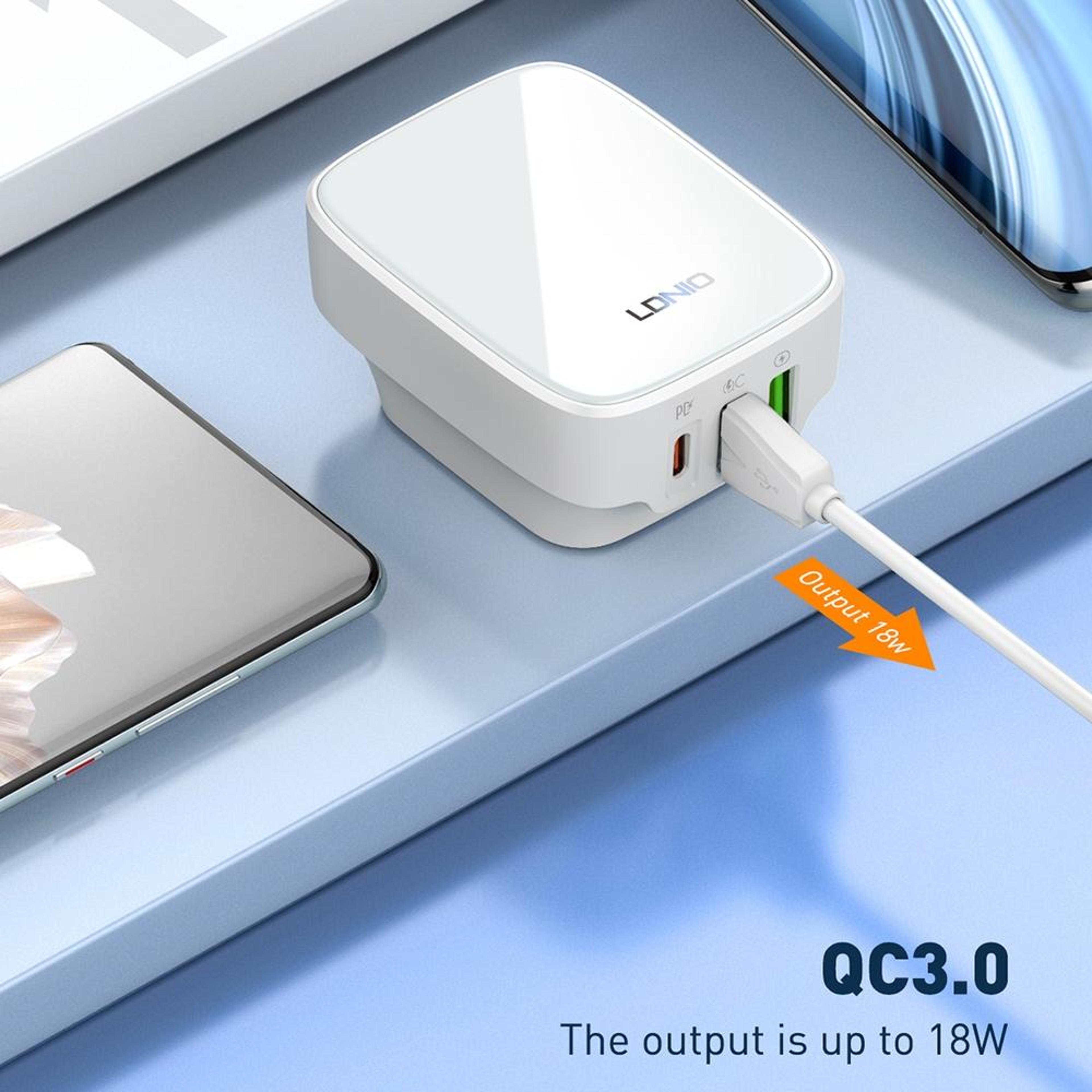 LDNIO Q334 32W USB C Fast Charger Dual USB Wall Charger With Type C Cable US Plug 12