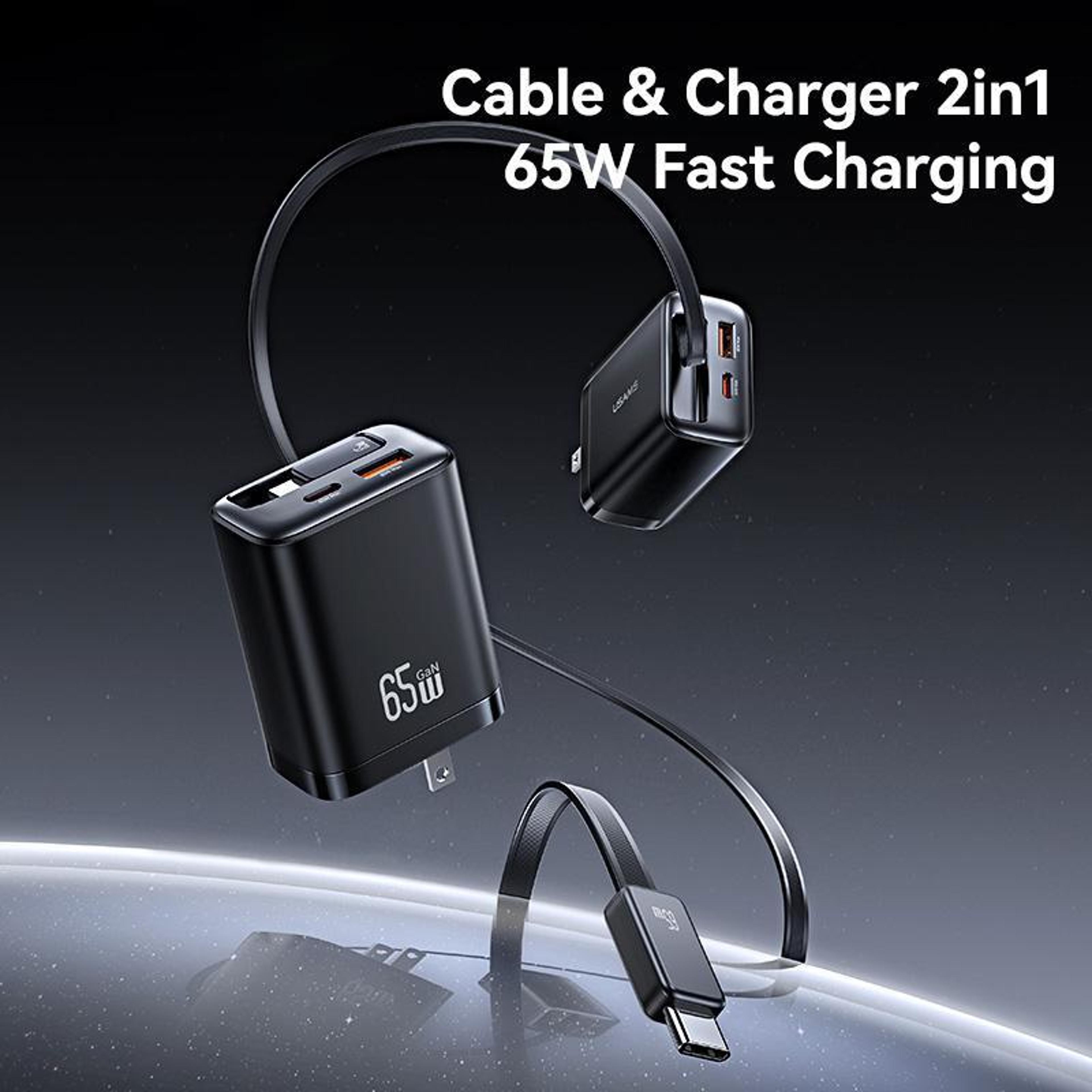 USAMS CC300 65W GaN Charger With Retractable USBC Cable 3 Port USBC Fast Charger US Plug 1