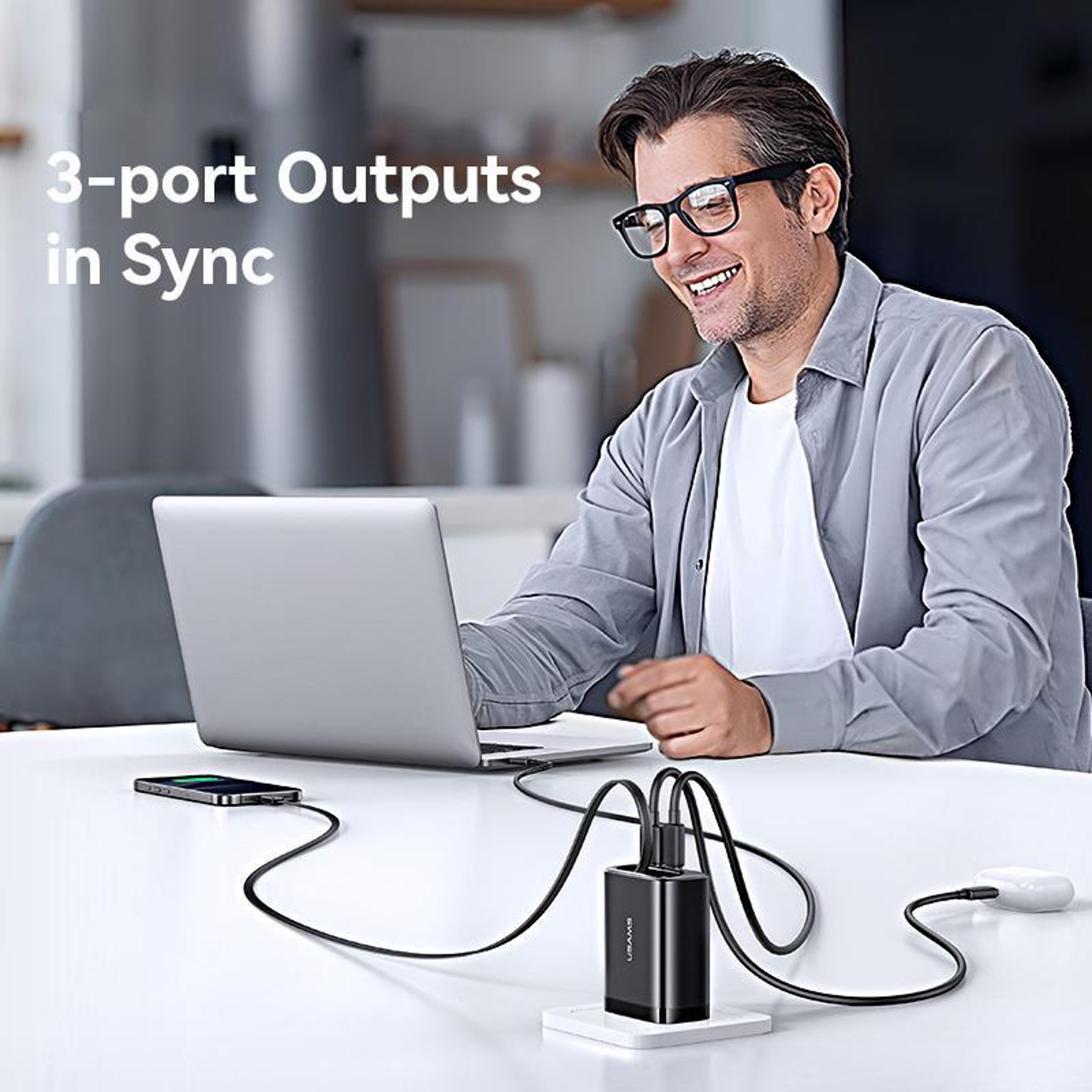 USAMS CC300 65W GaN Charger With Retractable USBC Cable 3 Port USBC Fast Charger US Plug 4