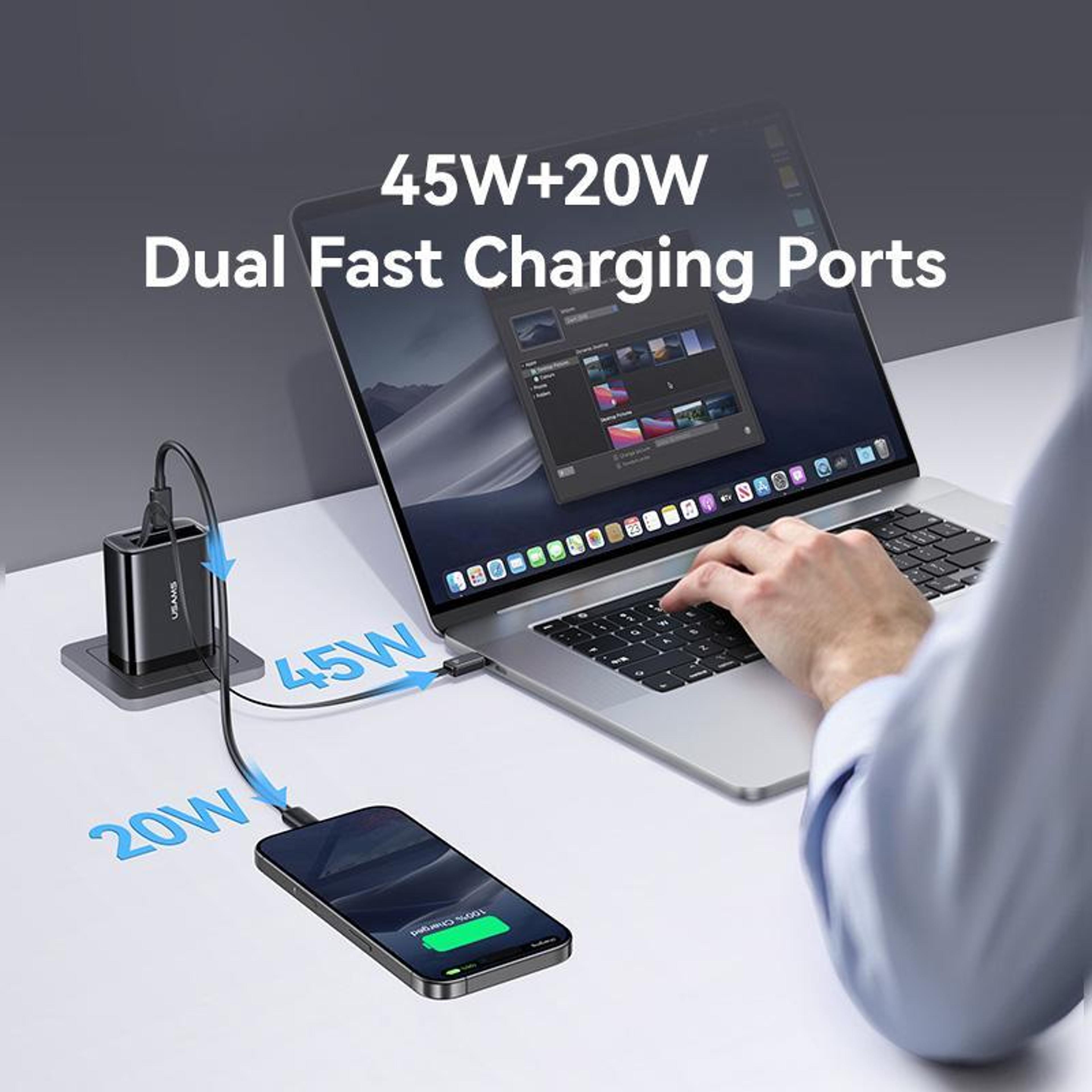 USAMS CC300 65W GaN Charger With Retractable USBC Cable 3 Port USBC Fast Charger US Plug 5