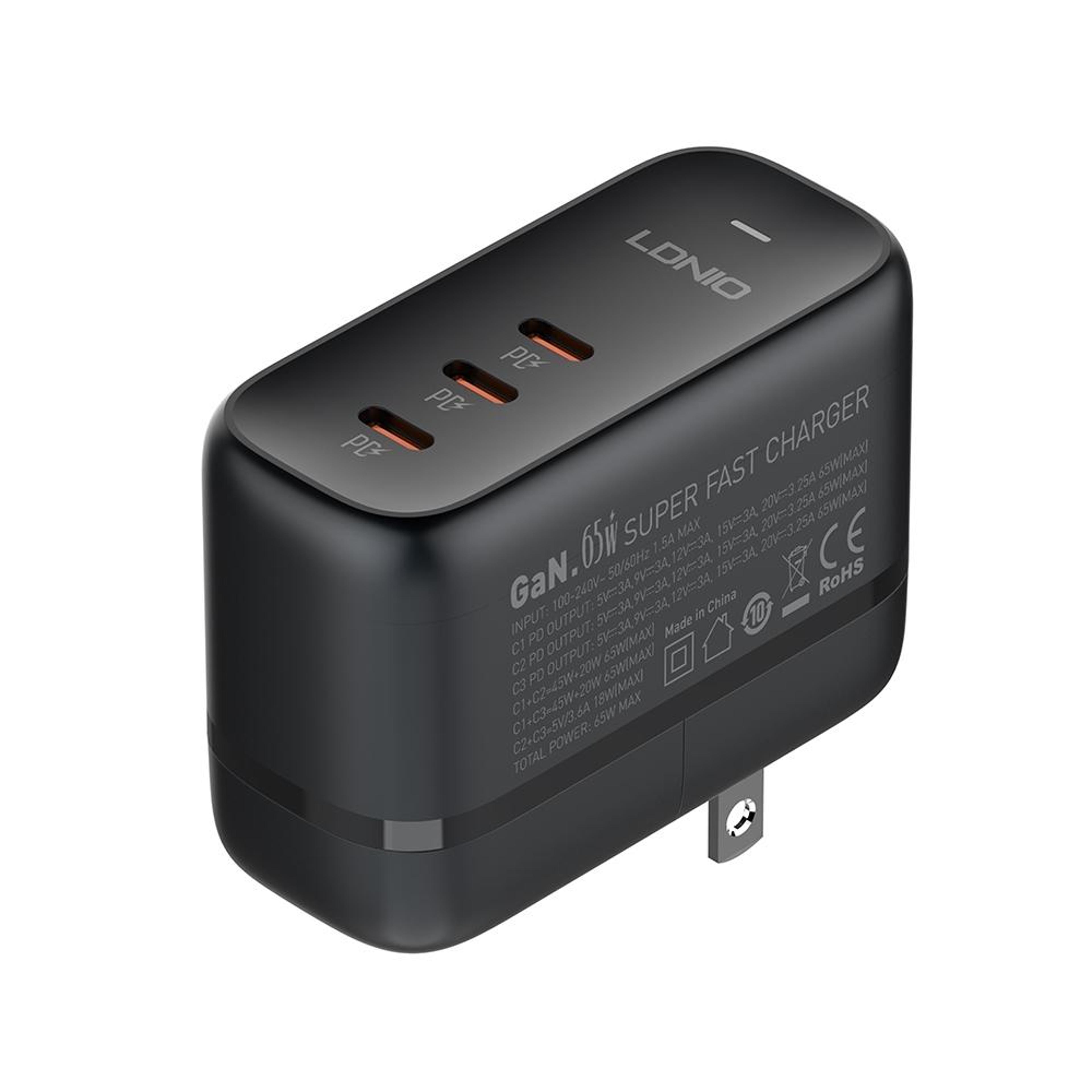 LDNIO Q367 65W GaN Charger Triple USB C Charger With 1m USB C Cable US Plug 2
