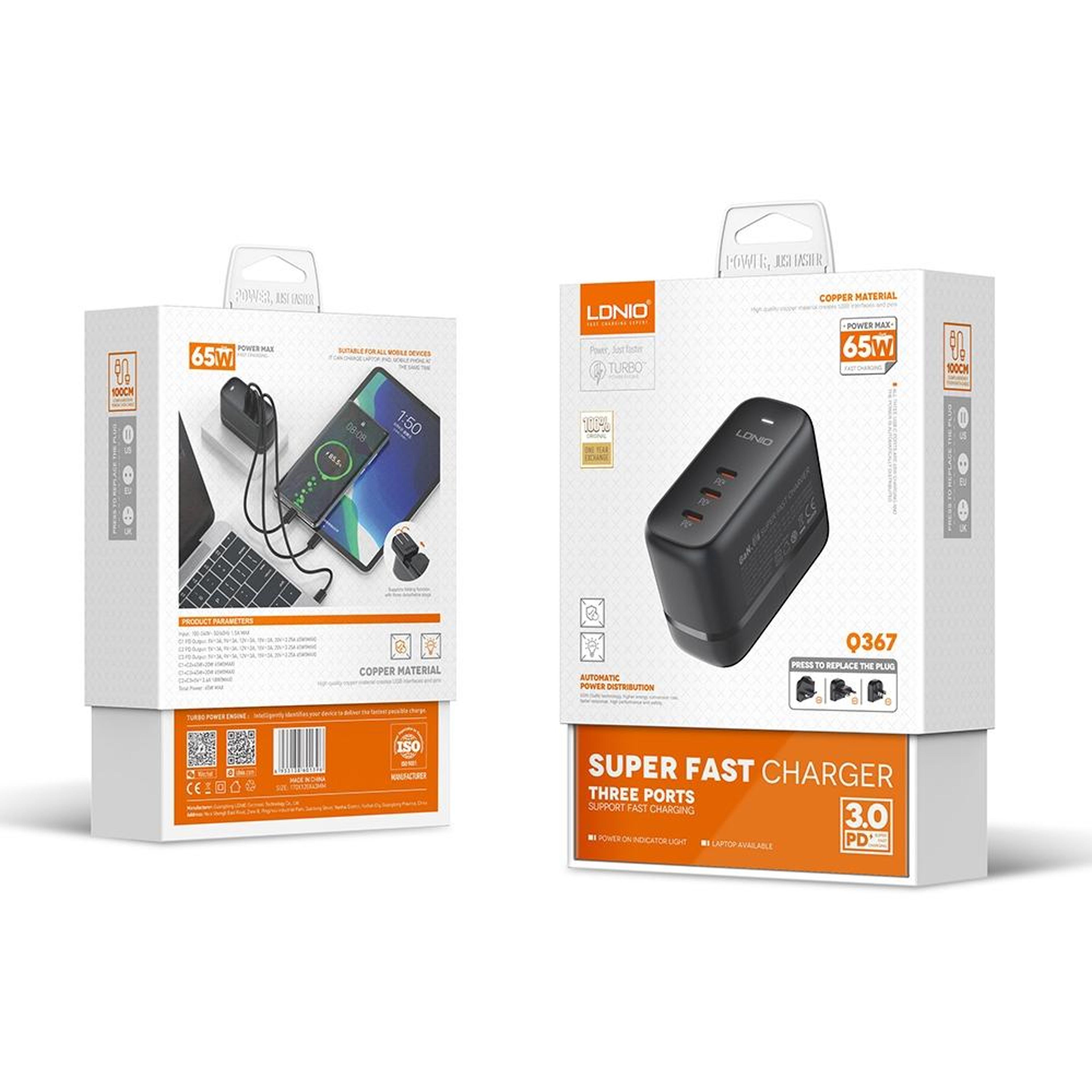 LDNIO Q367 65W GaN Charger Triple USB C Charger With 1m USB C Cable US Plug 6
