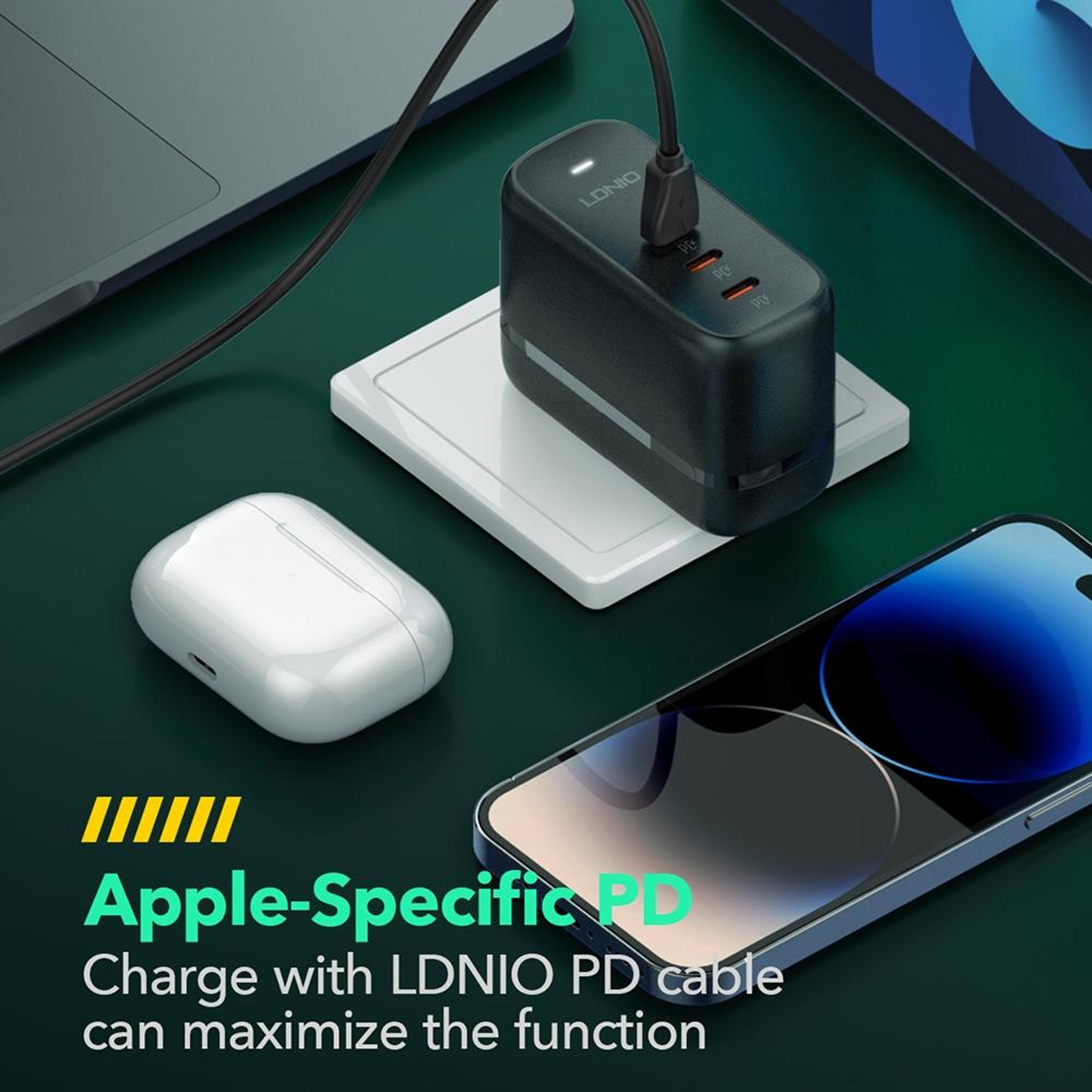 LDNIO Q367 65W GaN Charger Triple USB C Charger With 1m USB C Cable US Plug 9