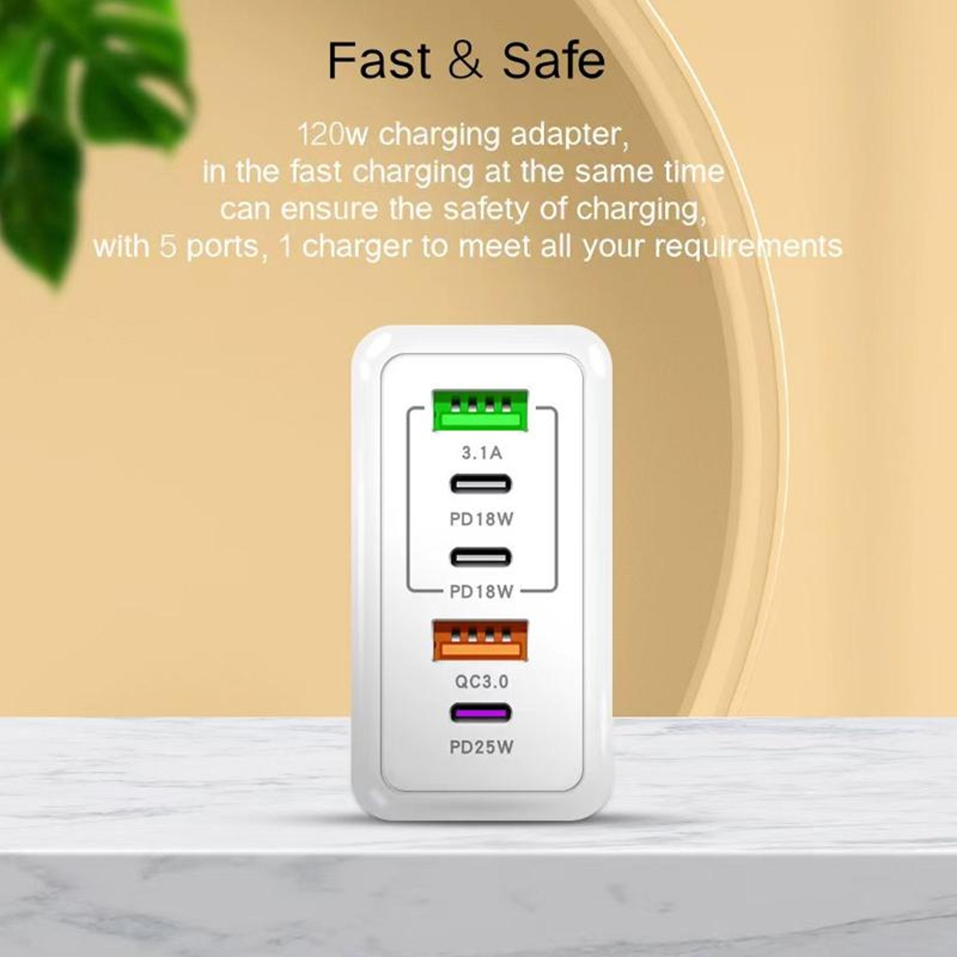 120W USB C Multi Port Fast Charger 5 Port PD Quick Charge Wall Charger US Plug 4
