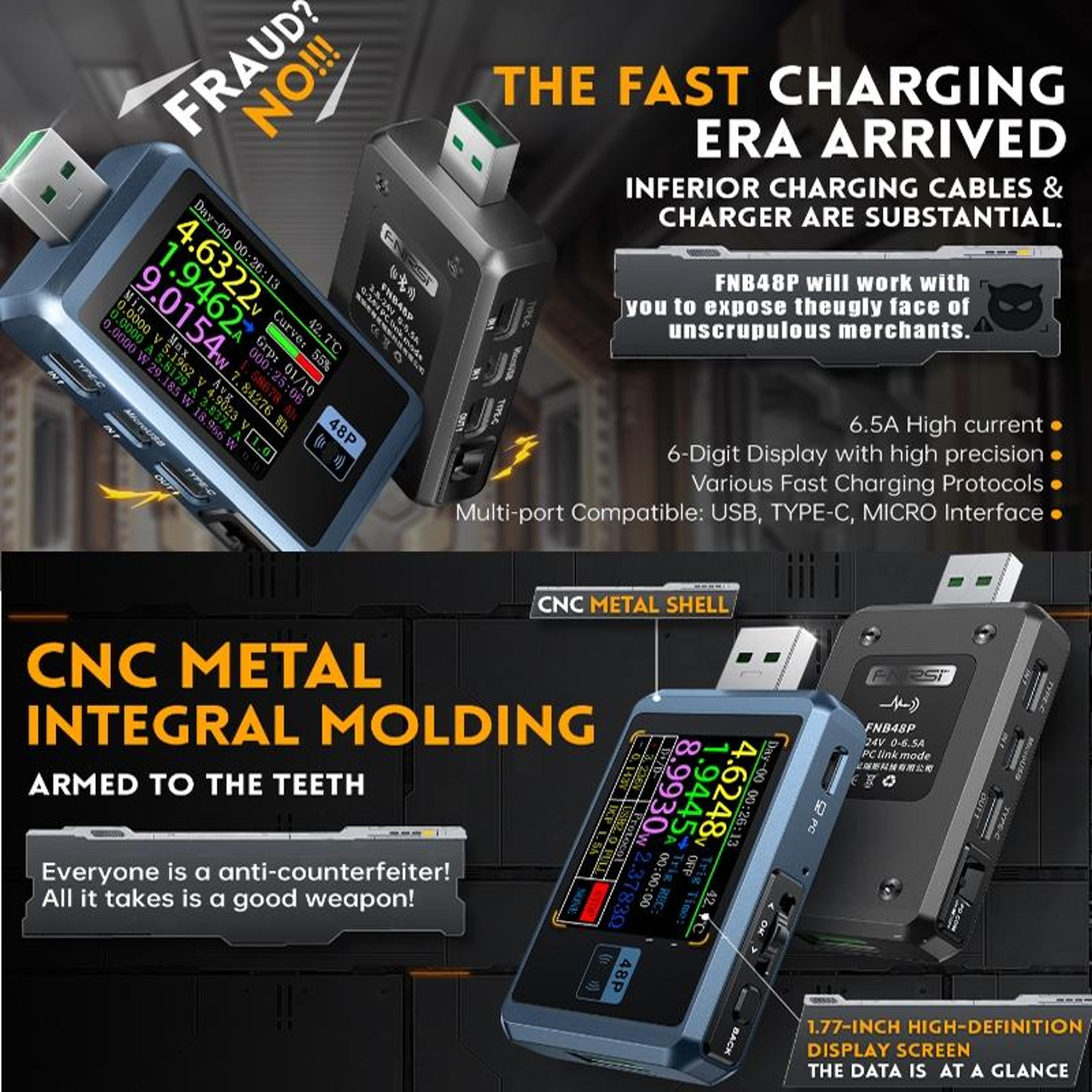 FNIRSI FNB48P USB Fast Charge Tester Bluetooth Voltage Current Power Meter 6