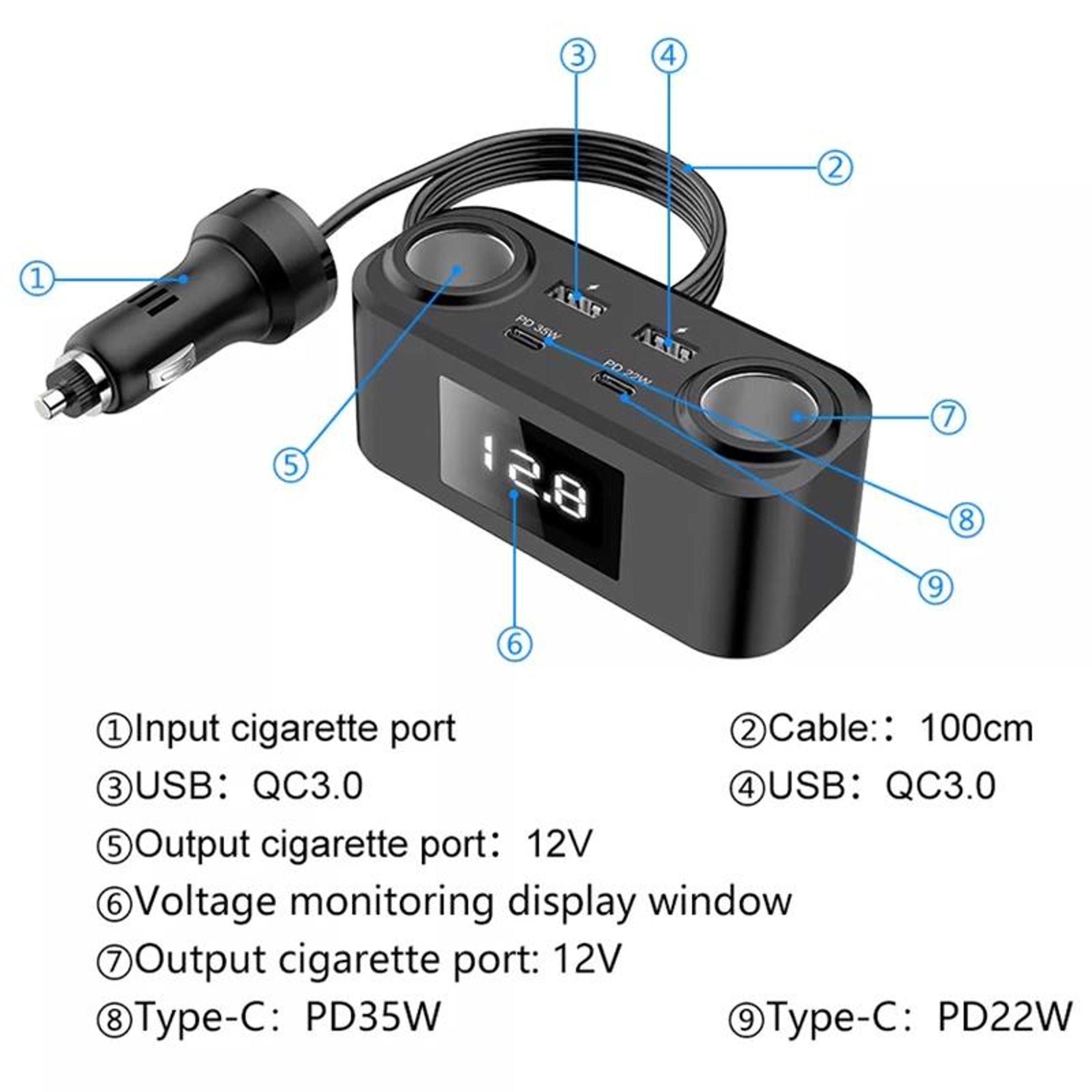 100W PD QC Multi Port Car Charger Adapter With Voltage Display 5