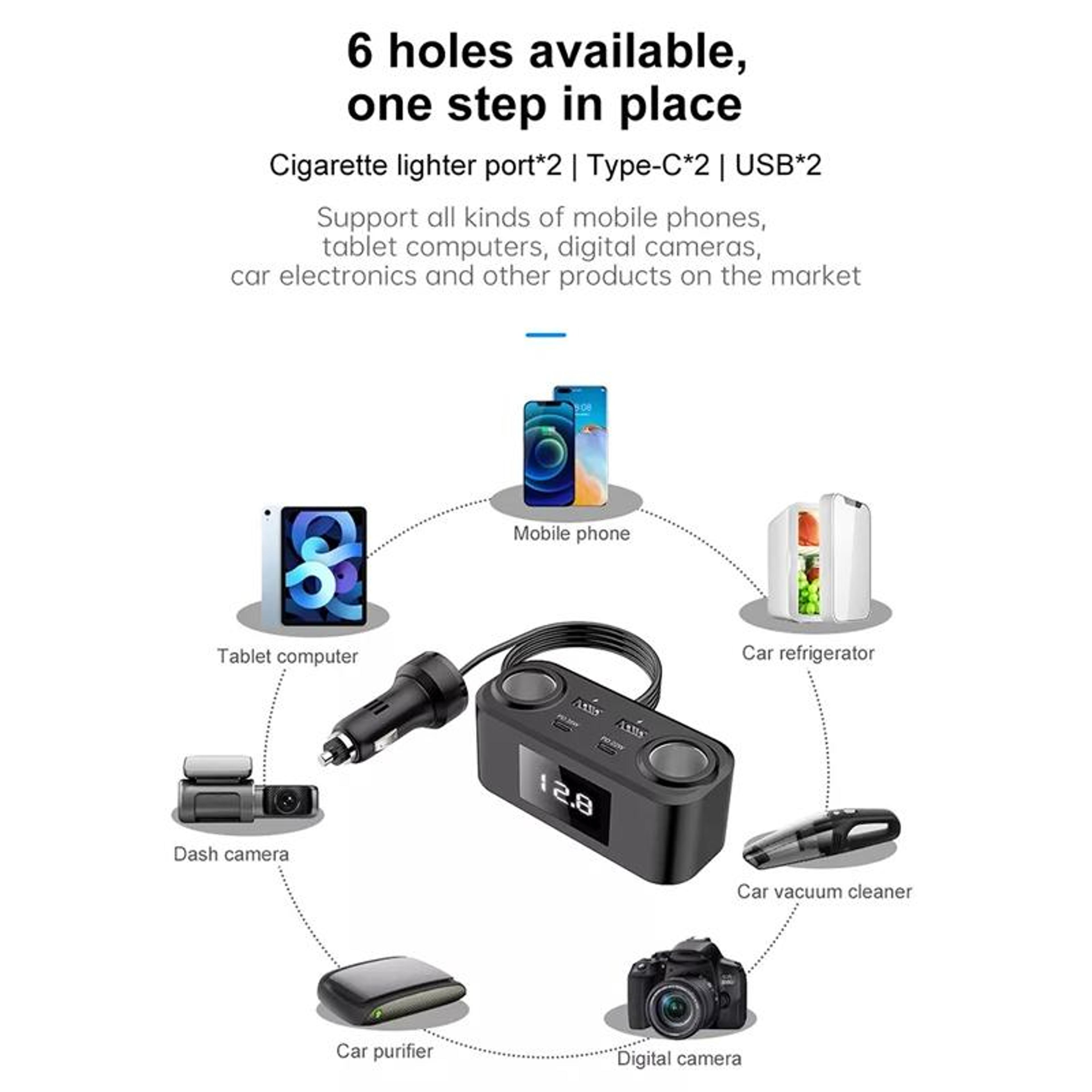 100W PD QC Multi Port Car Charger Adapter With Voltage Display 8