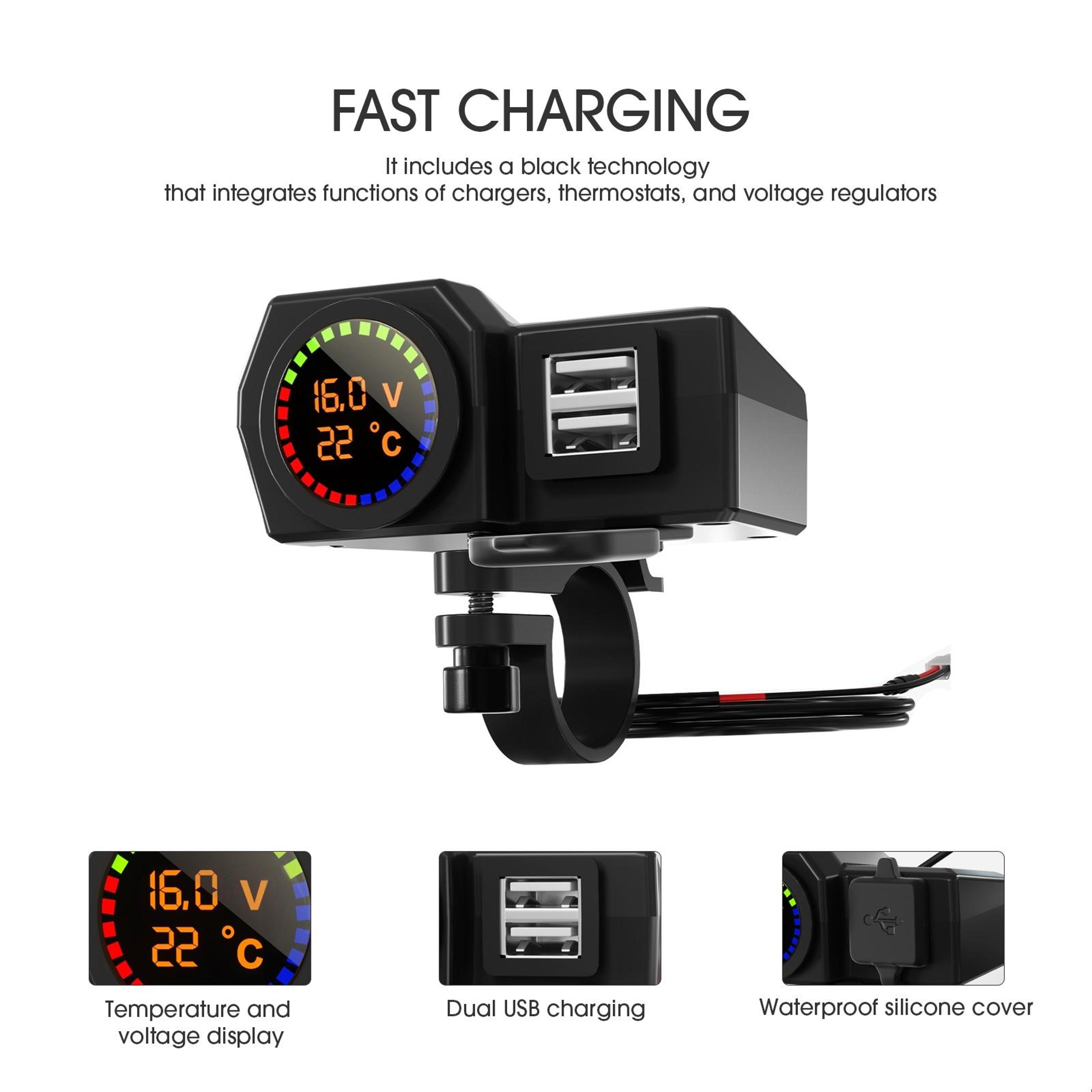 WUPP CS1747A1 Motorcycle USB Charger With Dual USB Ports Voltage Display 5