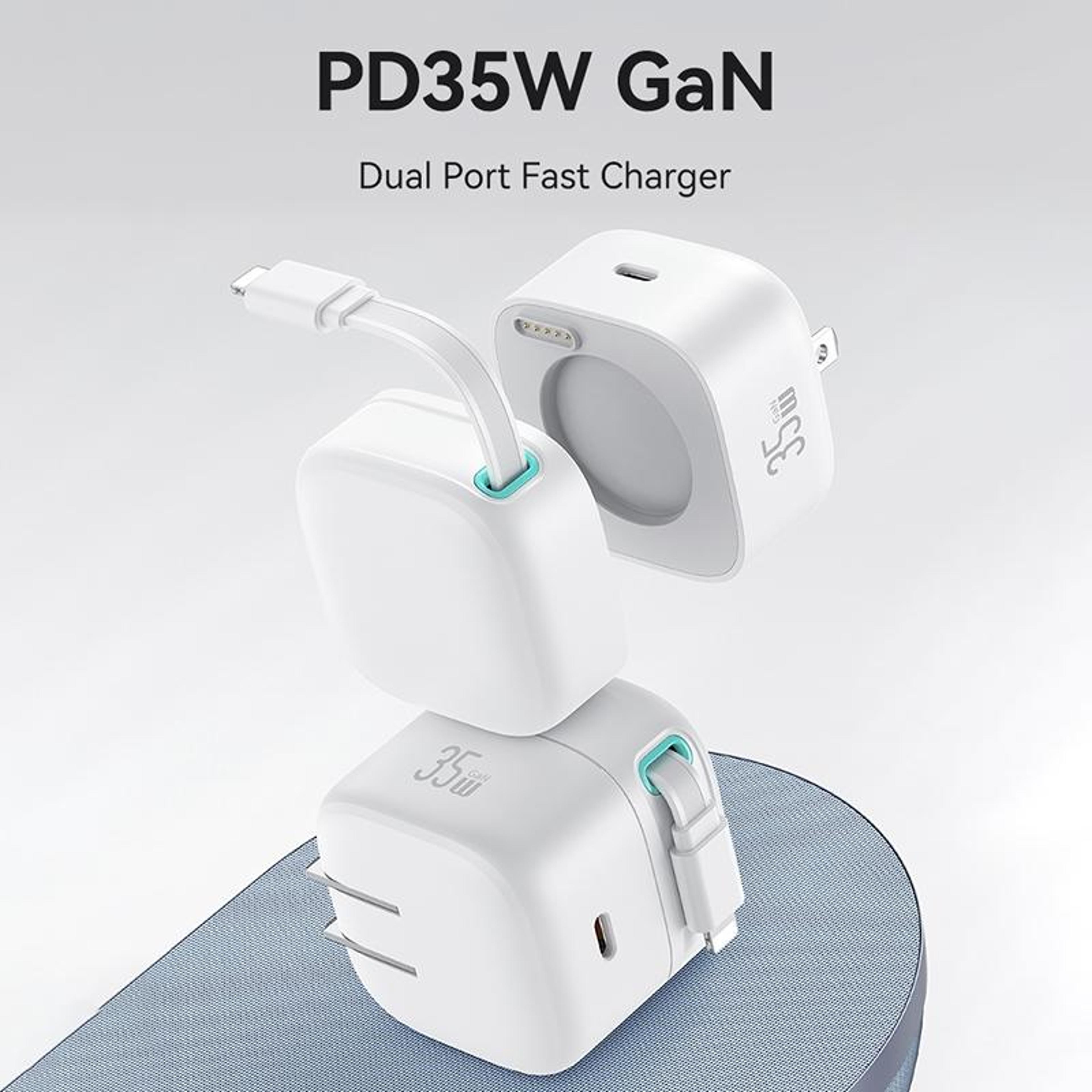 USAMS 35W GaN Fast Charger Dual Port USB C Charger With Retractable 8 Pin Cable US Plug 1
