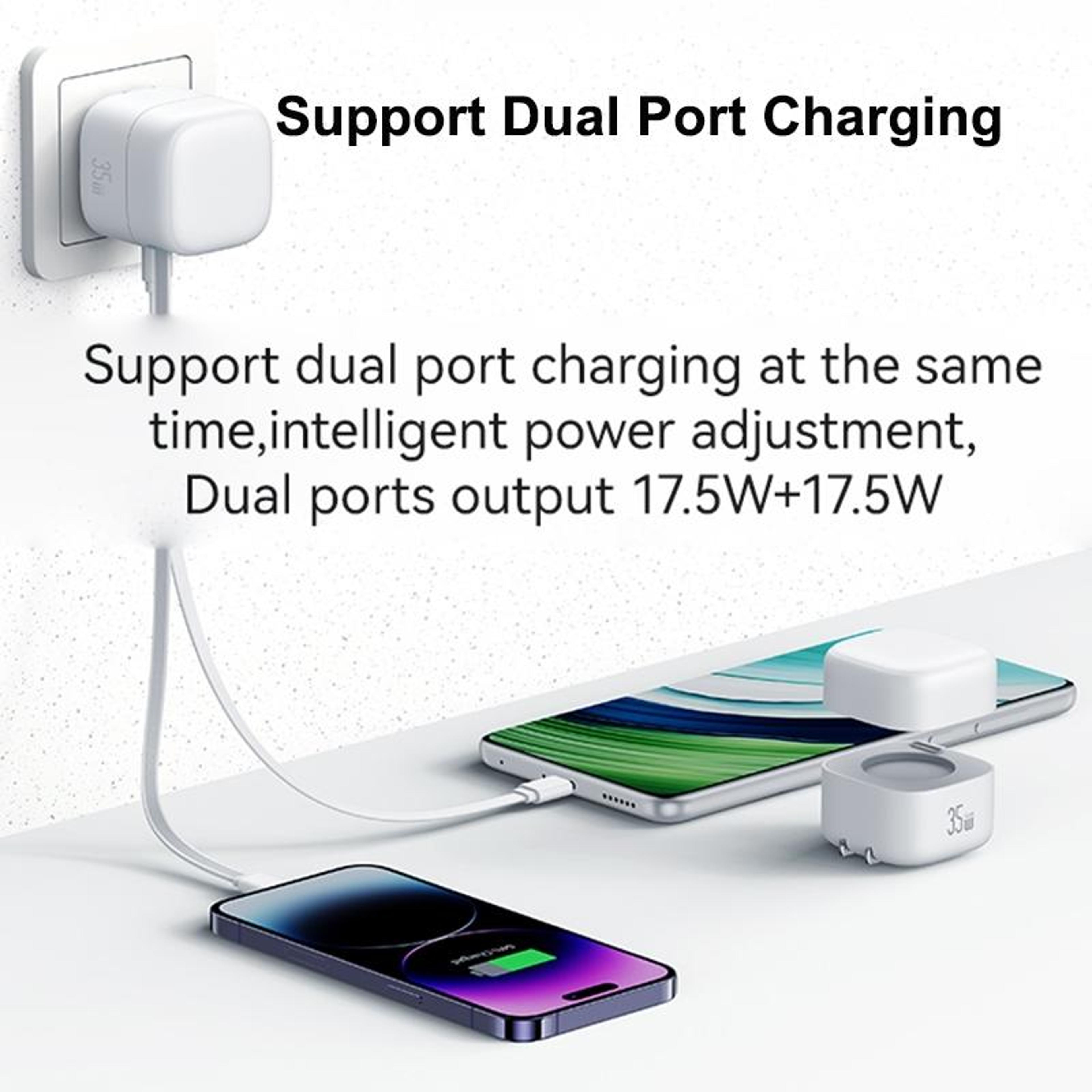 USAMS 35W GaN Fast Charger Dual Port USB C Charger With Retractable 8 Pin Cable US Plug 3