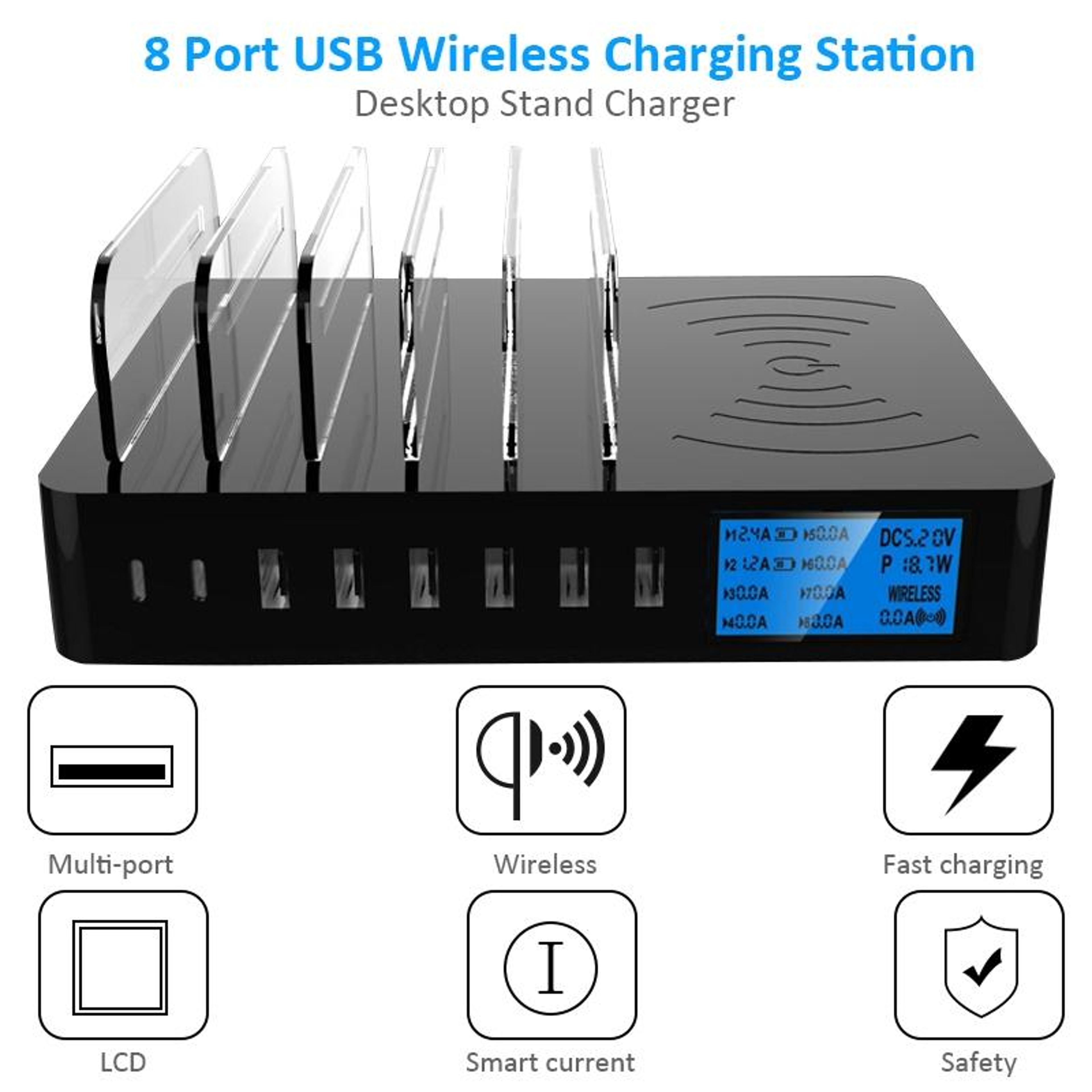 50W USB Charging Station With Wireless Charging 6 USB 2 USB C Ports LED Display Desktop Charging Do 6