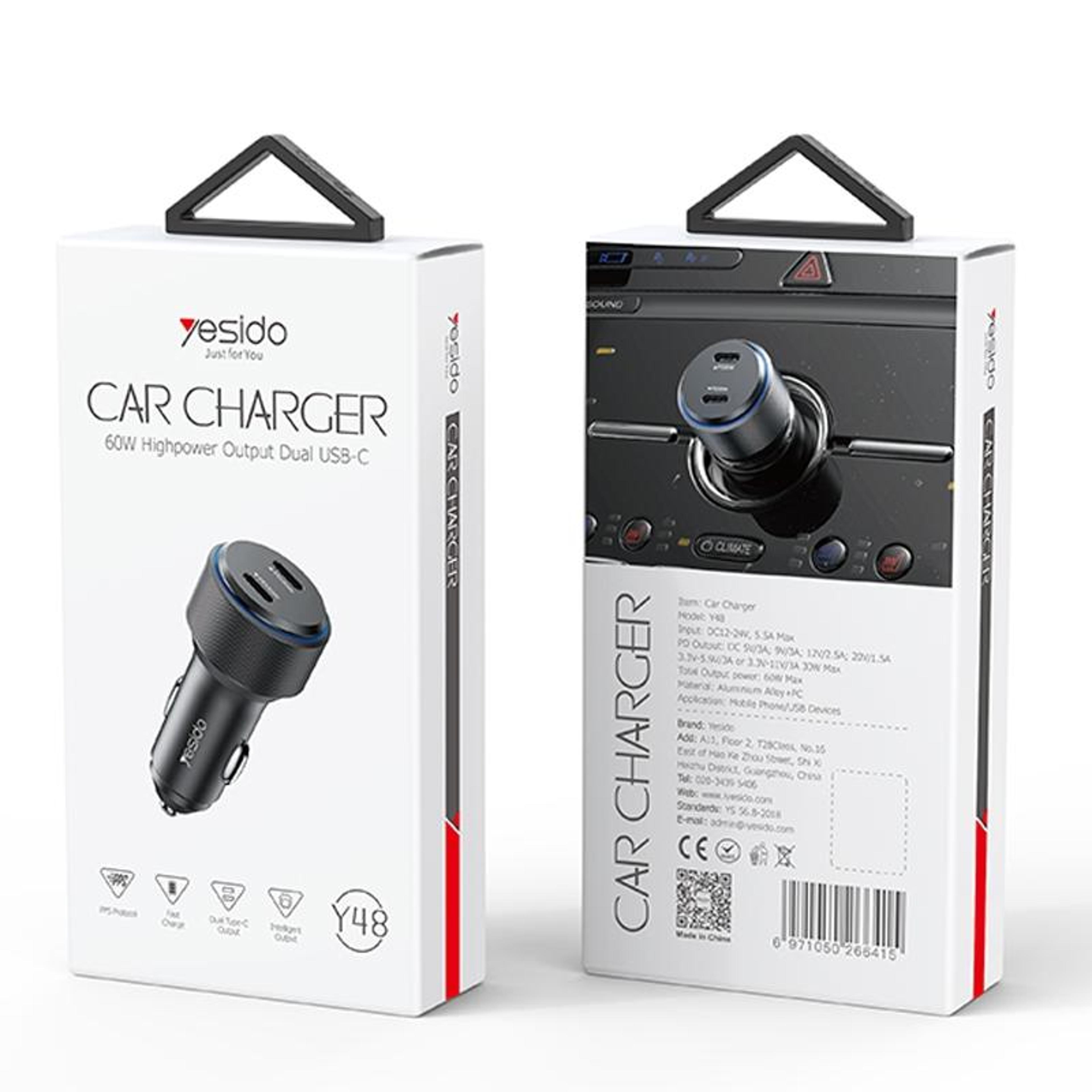 Yesido Y48 60W Car Charger Dual USB C Car Charger PD Fast Charging Adapter 4