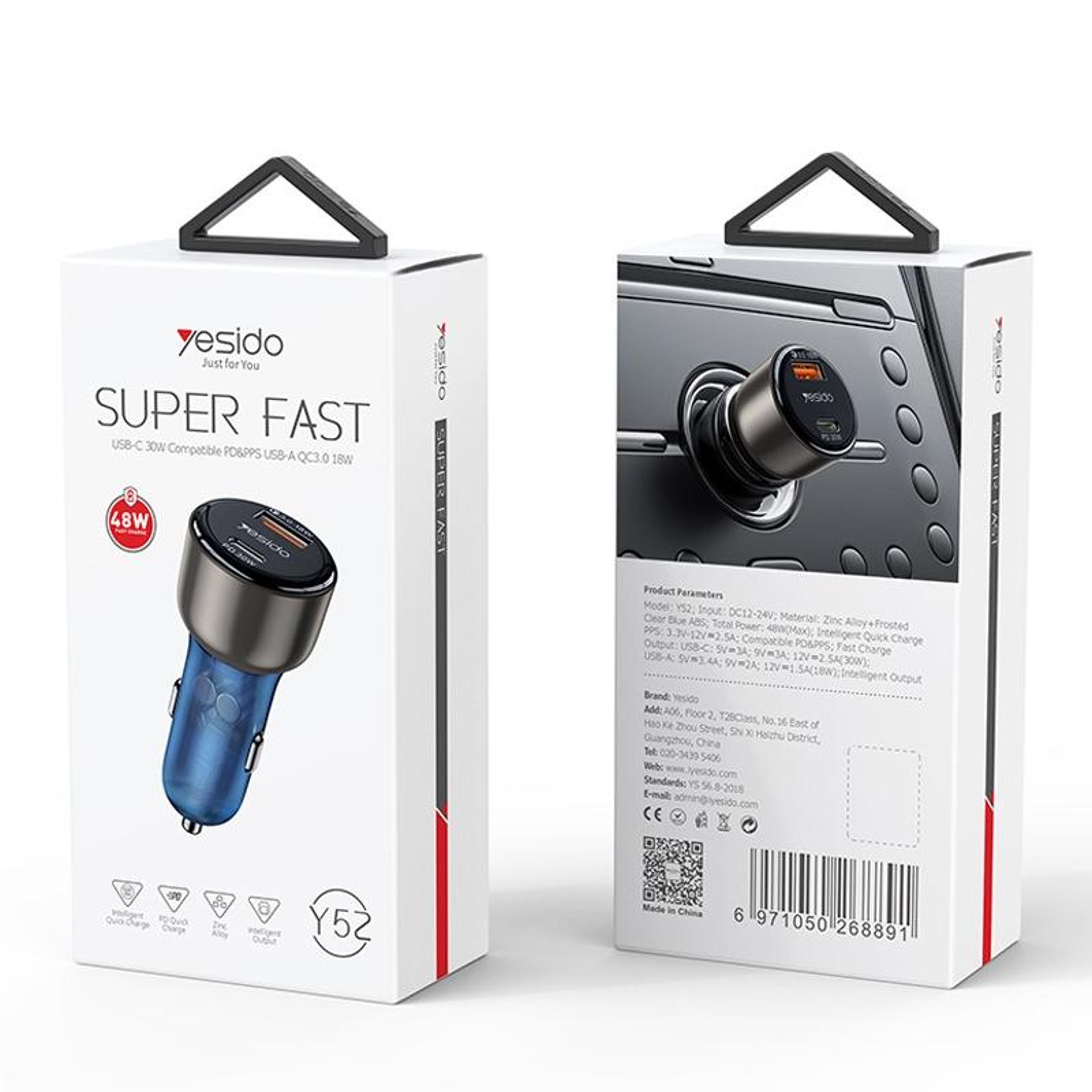 Yesido Y52 48W Car Charger USB C PD QC30 Dual Port Fast Charging Adapter 3