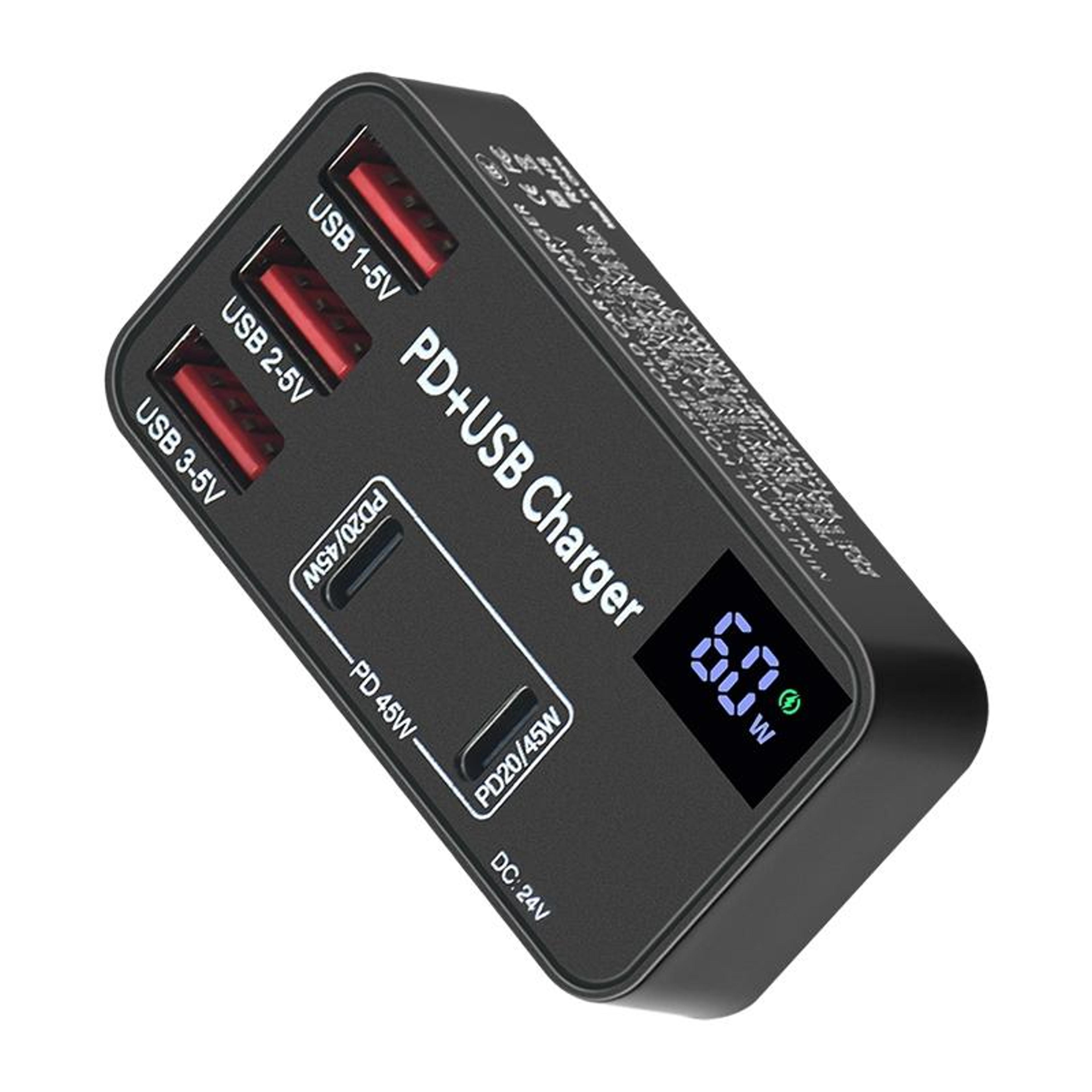 988B 60W 5 Port USB Charger With Dual USBC Digital Display Fast Charging Adapter 1