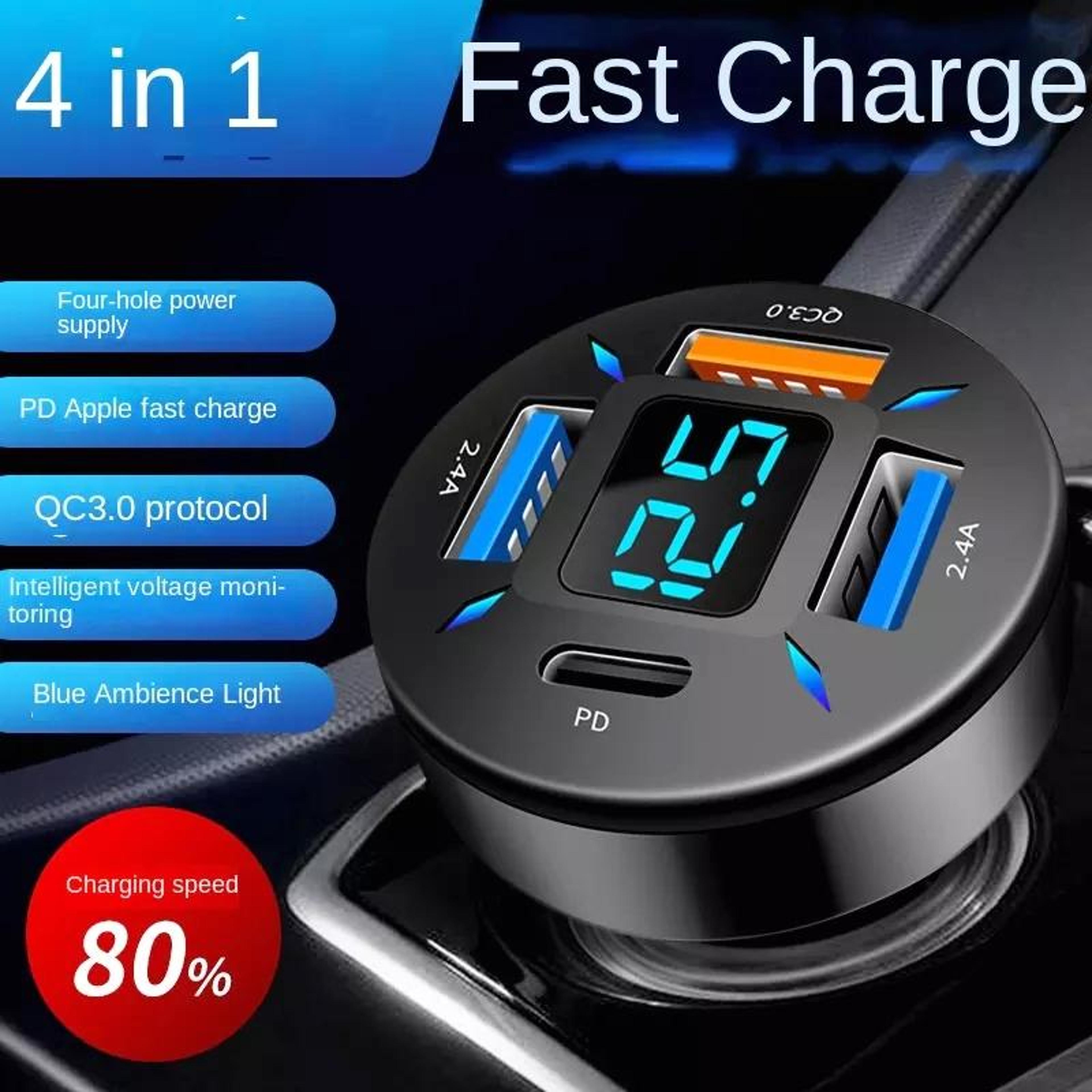 4 Port USB Car Charger With PD20W QC30 Fast Charging And Digital Voltage Display 3