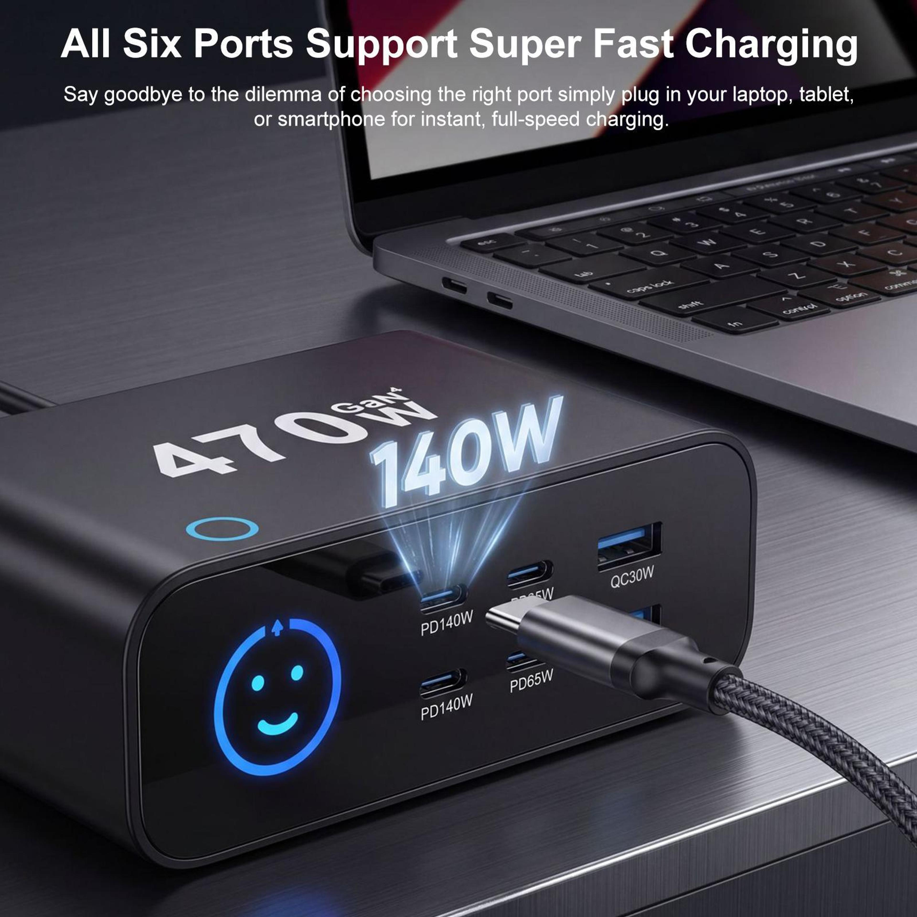 YMX 470W GaN Charger 6 Port USB C Charger With Smart LCD Display Fast Charging Station 5