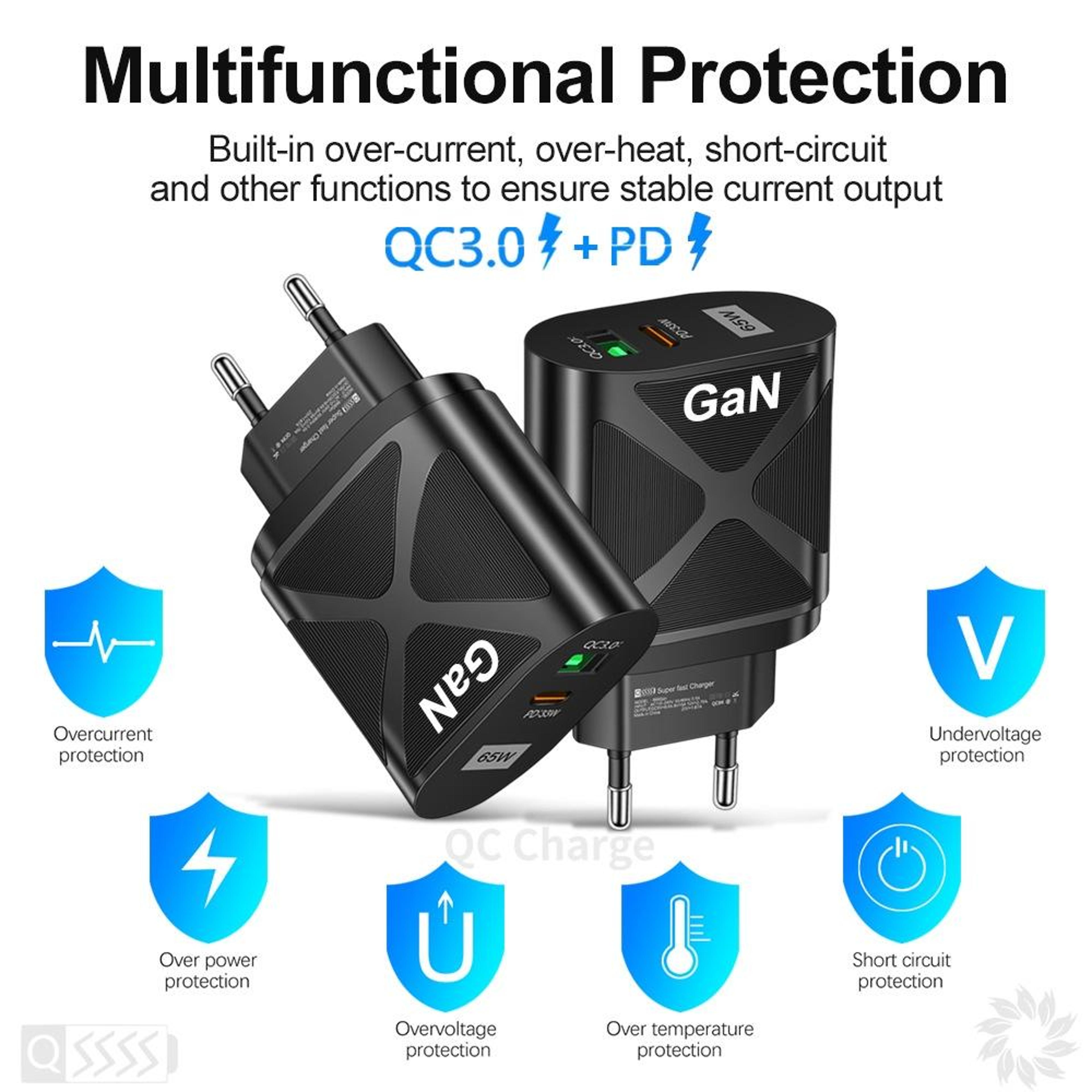 65W GaN Charger USB C Fast Wall Charger With Dual USB Type C PD 30 QC 30 Power Adapter US Plug 2